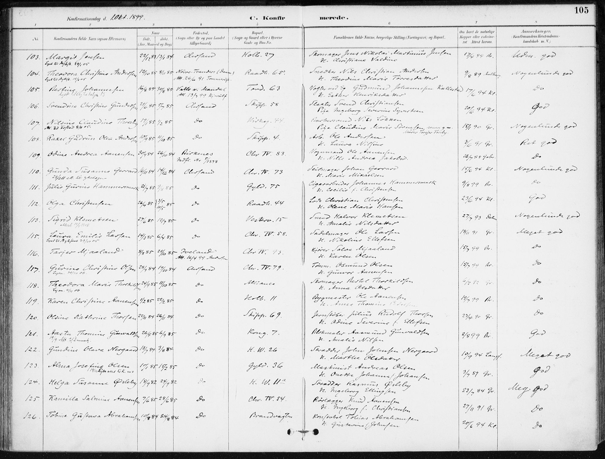 Kristiansand domprosti, AV/SAK-1112-0006/F/Fa/L0020: Parish register (official) no. A 19, 1893-1904, p. 105