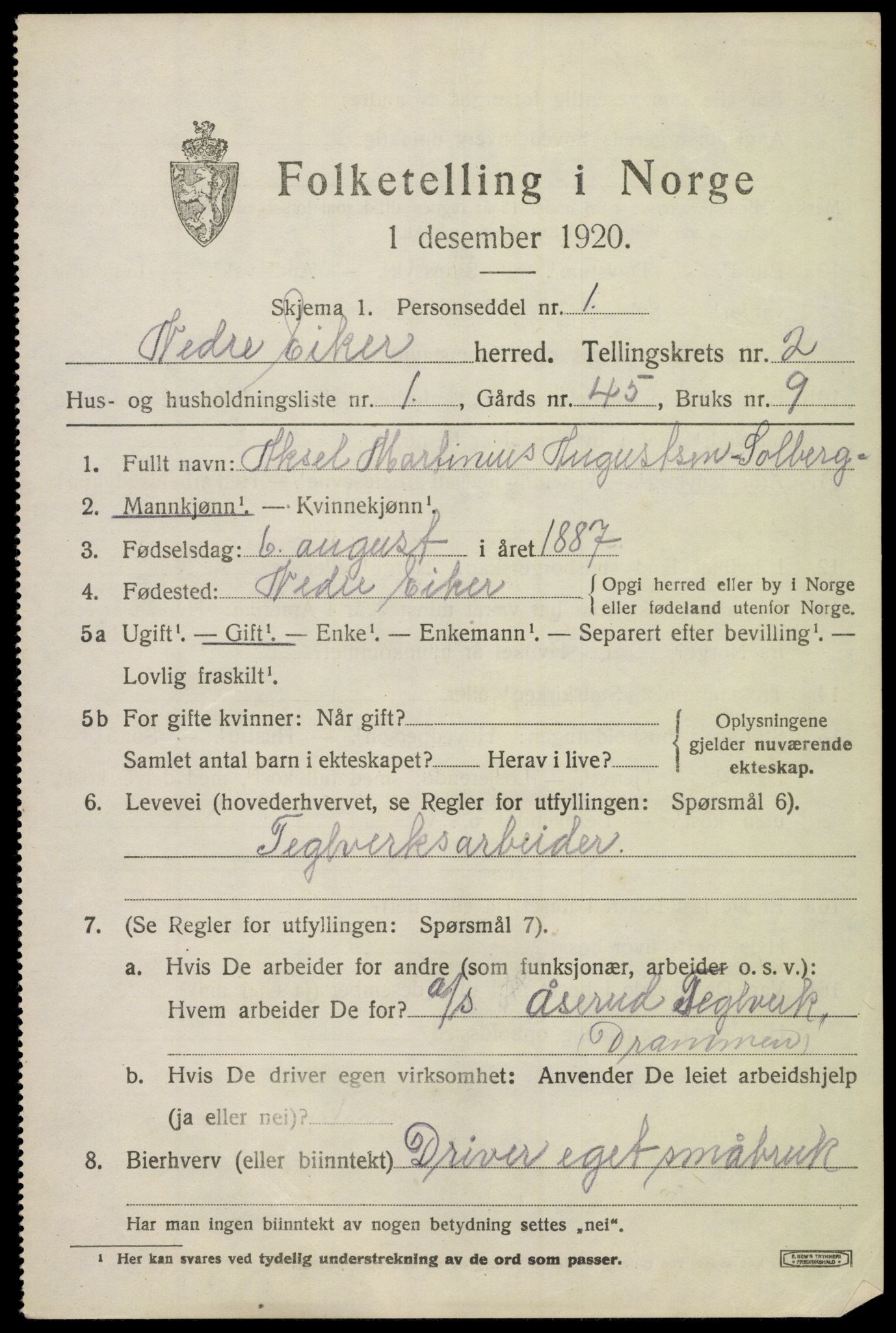 SAKO, 1920 census for Nedre Eiker, 1920, p. 3307