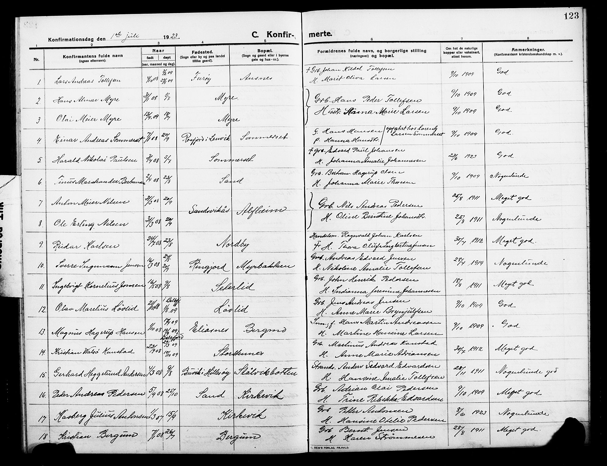 Balsfjord sokneprestembete, AV/SATØ-S-1303/G/Ga/L0004klokker: Parish register (copy) no. 4, 1910-1926, p. 123