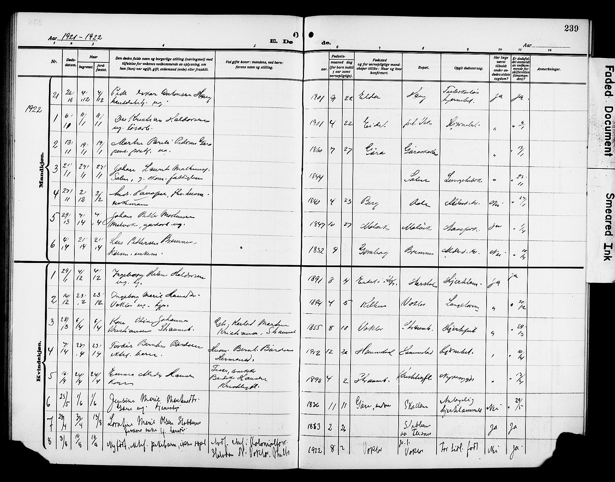 Kvæfjord sokneprestkontor, AV/SATØ-S-1323/G/Ga/Gab/L0006klokker: Parish register (copy) no. 6, 1912-1931, p. 239