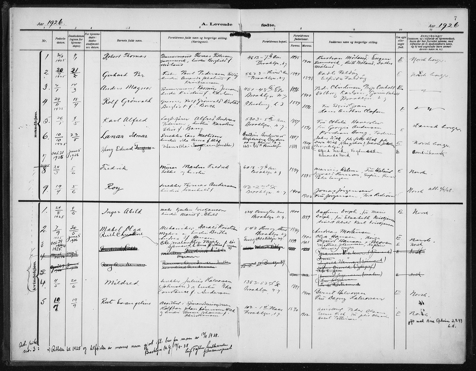 Den norske sjømannsmisjon i utlandet/New York, AV/SAB-SAB/PA-0110/H/Ha/L0008: Parish register (official) no. A 8, 1923-1935, p. 7