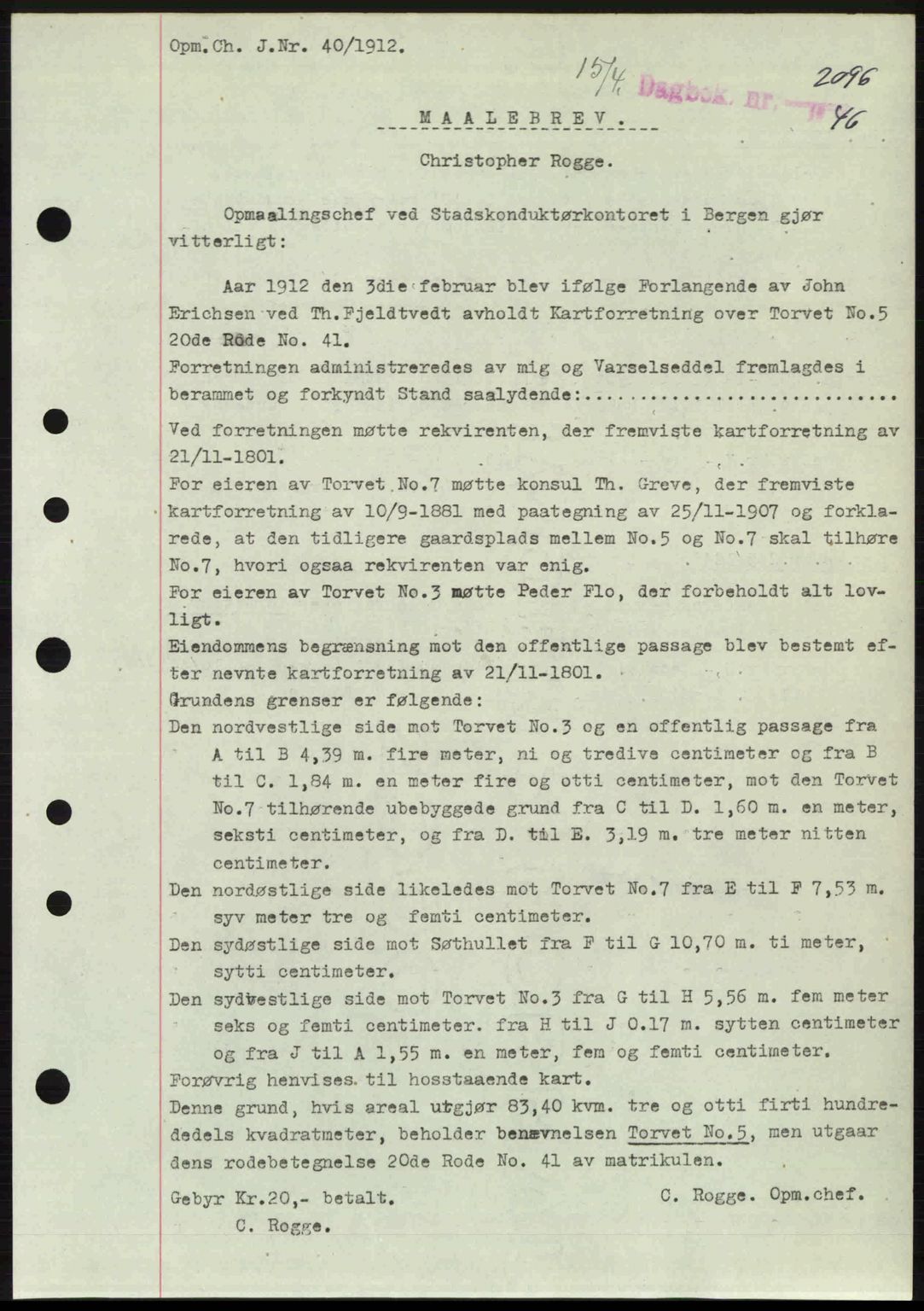 Byfogd og Byskriver i Bergen, SAB/A-3401/03/03Bc/L0022: Mortgage book no. A18, 1946-1946, Diary no: : 2096/1946