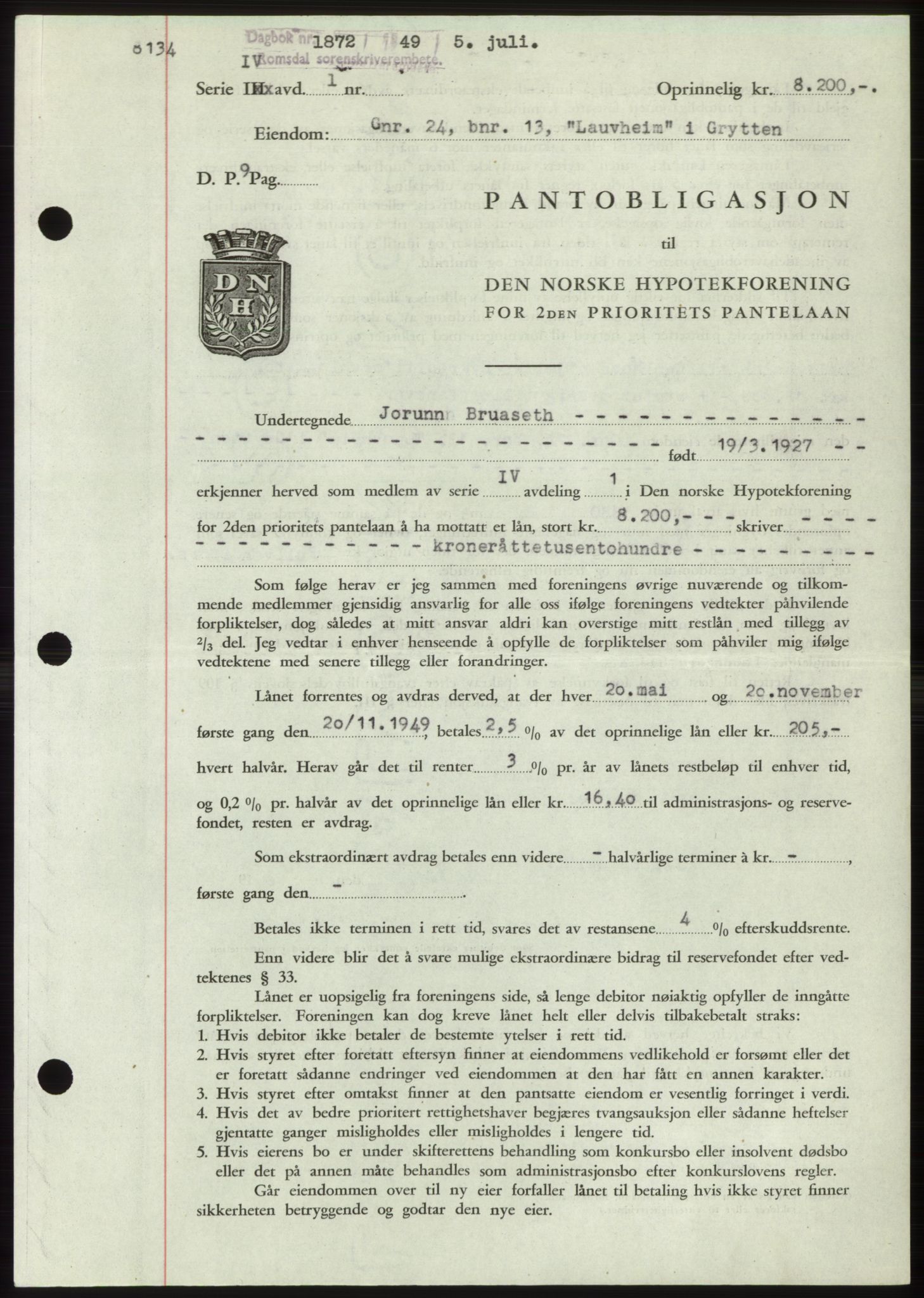 Romsdal sorenskriveri, AV/SAT-A-4149/1/2/2C: Mortgage book no. B4, 1948-1949, Diary no: : 1872/1949