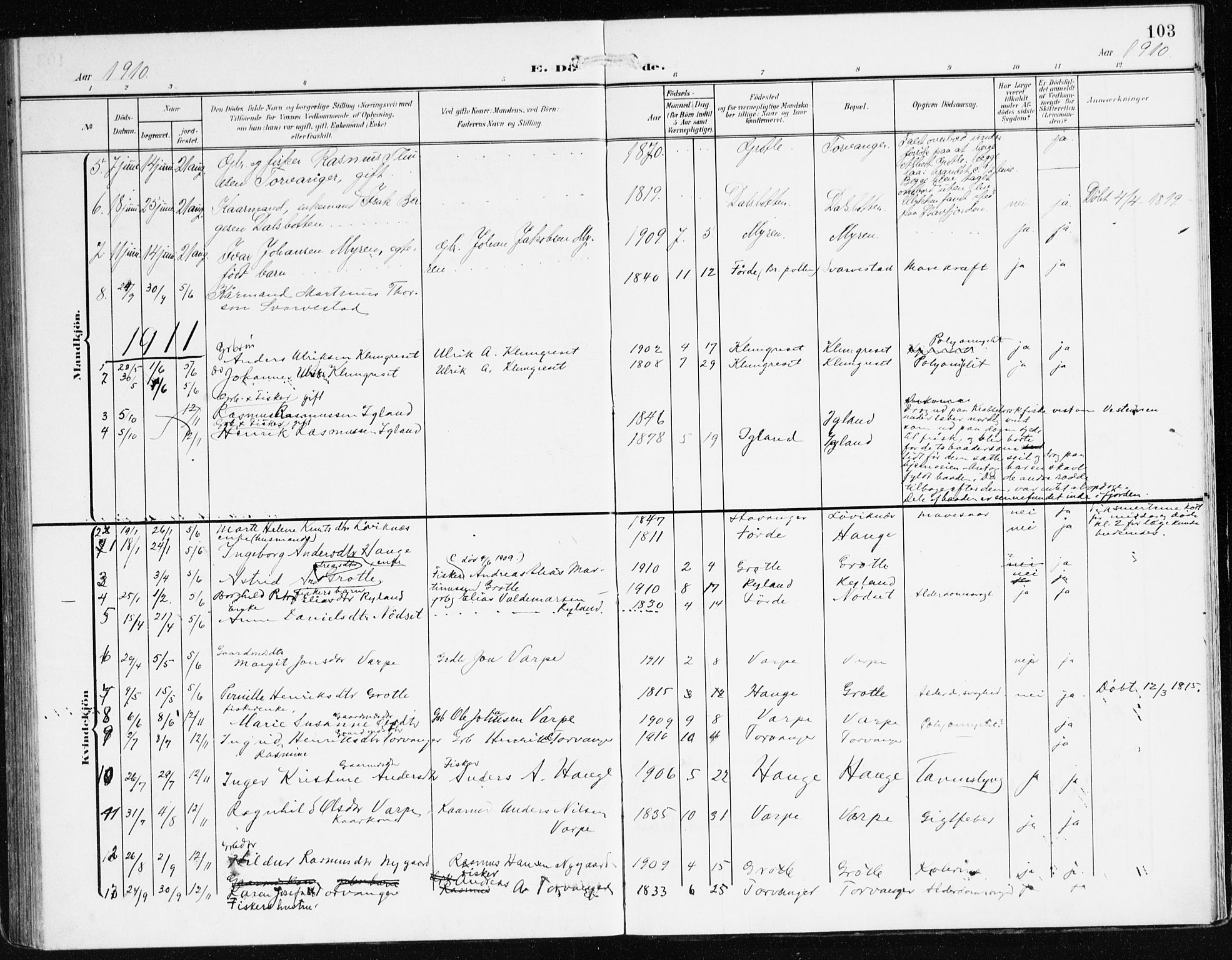 Bremanger sokneprestembete, AV/SAB-A-82201/H/Haa/Haac/L0001: Parish register (official) no. C 1, 1908-1921, p. 103