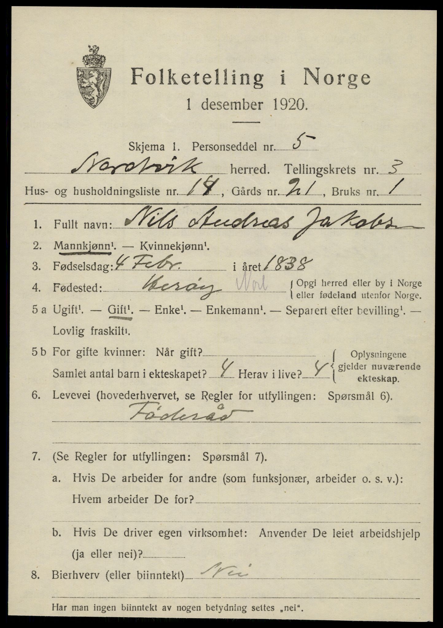 SAT, 1920 census for Nordvik, 1920, p. 1448