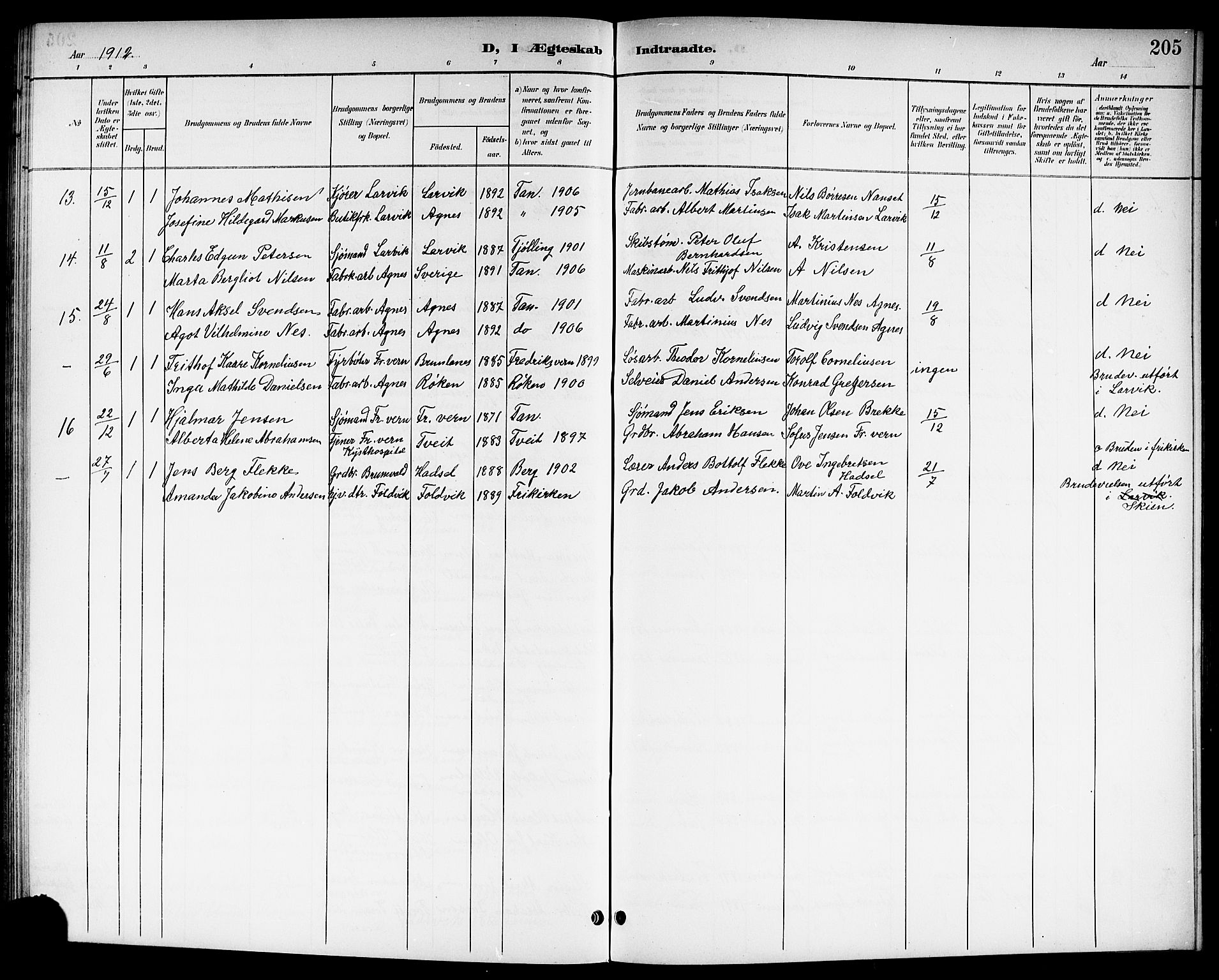 Brunlanes kirkebøker, SAKO/A-342/G/Ga/L0004: Parish register (copy) no. I 4, 1898-1921, p. 205