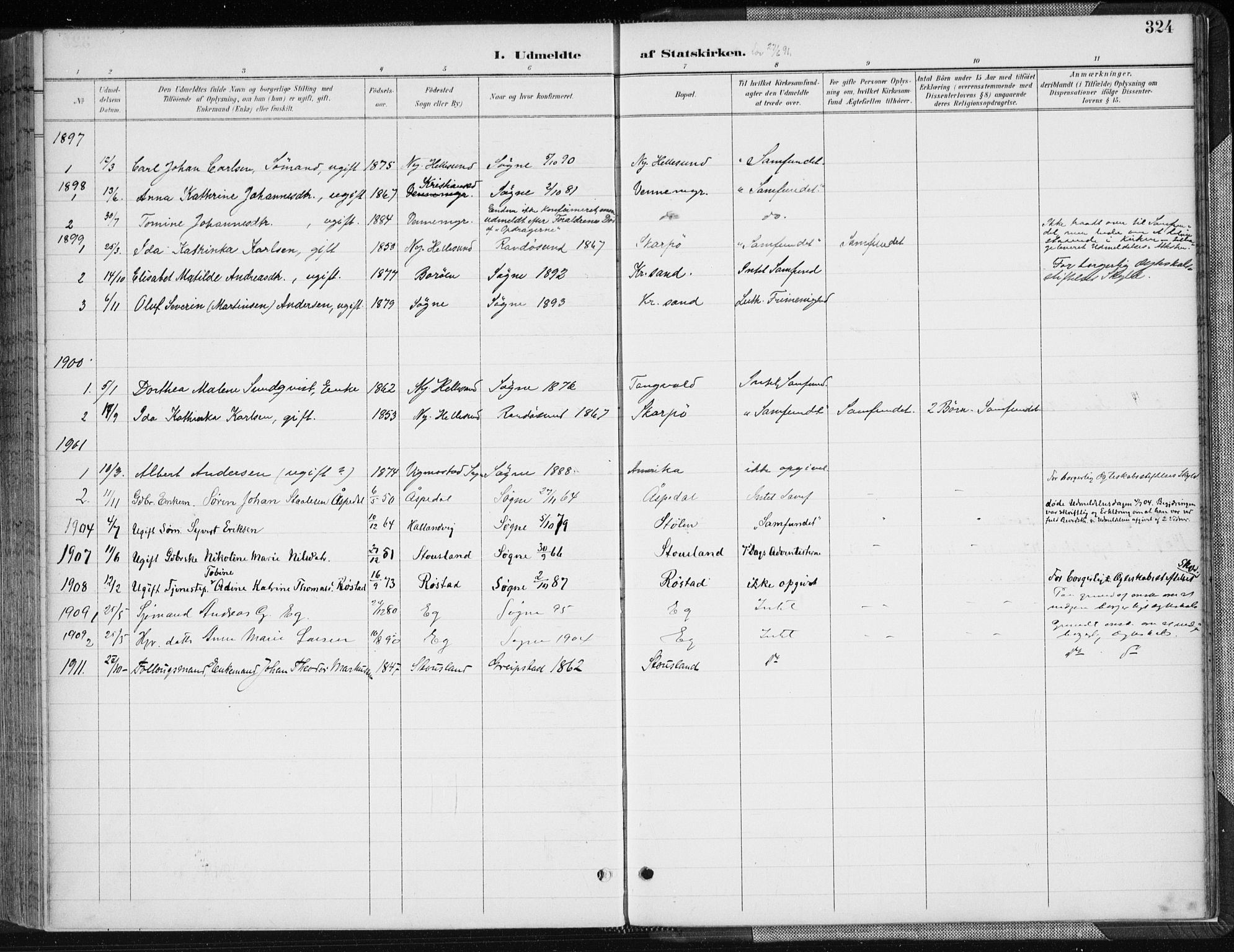 Søgne sokneprestkontor, SAK/1111-0037/F/Fa/Fab/L0013: Parish register (official) no. A 13, 1892-1911, p. 324
