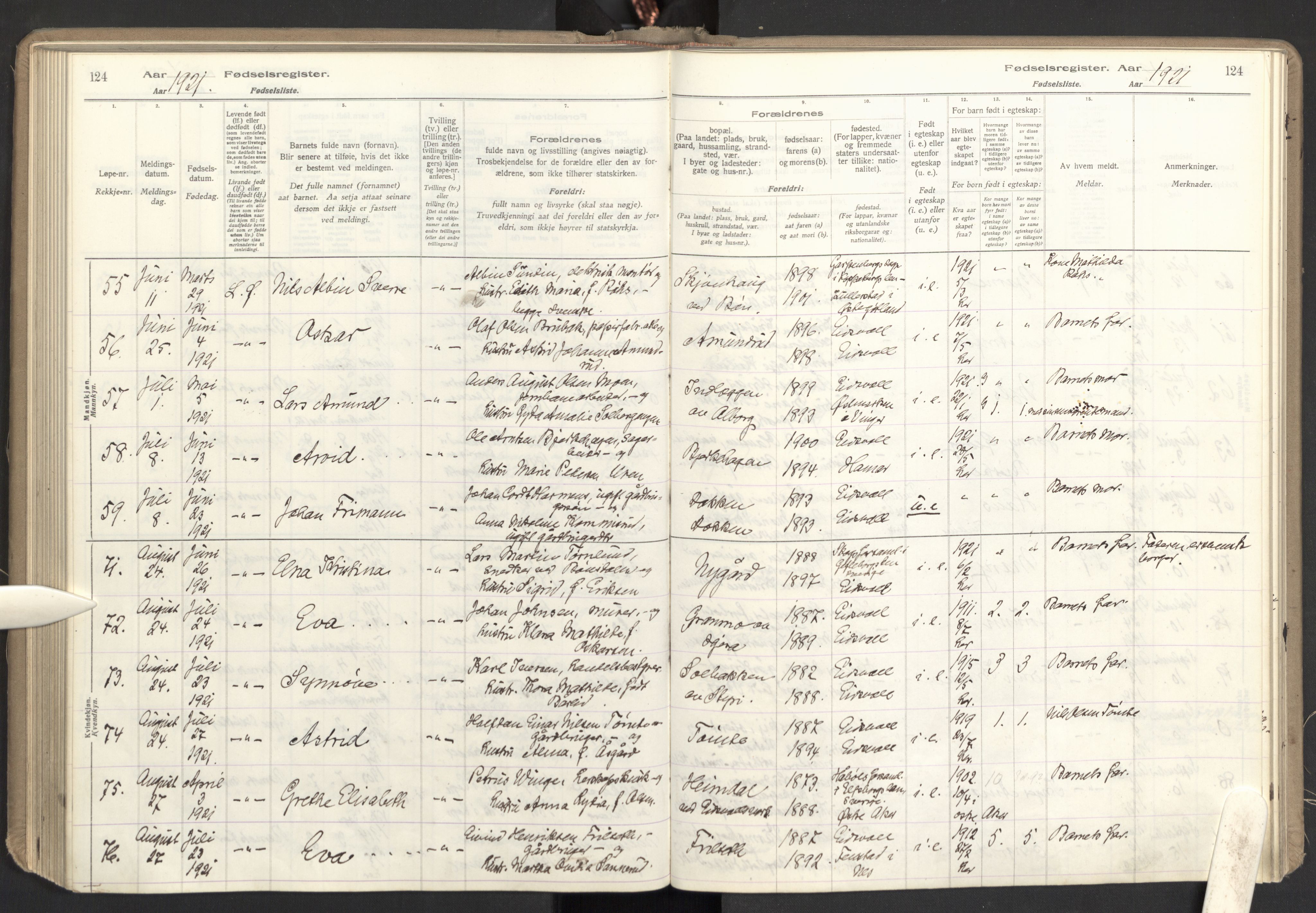 Eidsvoll prestekontor Kirkebøker, AV/SAO-A-10888/J/Ja/L0001: Birth register no. I 1, 1916-1924, p. 124