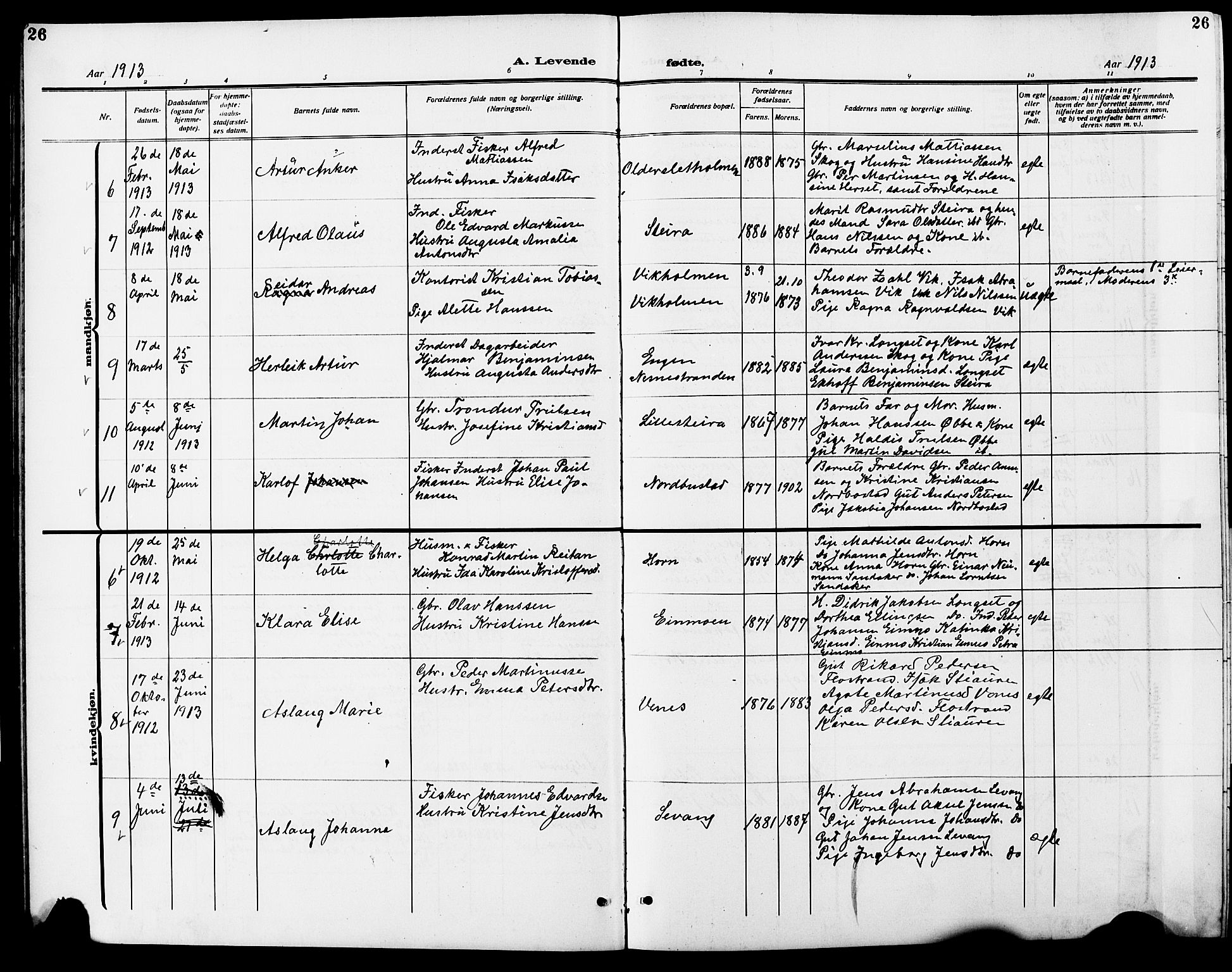 Ministerialprotokoller, klokkerbøker og fødselsregistre - Nordland, AV/SAT-A-1459/838/L0560: Parish register (copy) no. 838C07, 1910-1928, p. 26