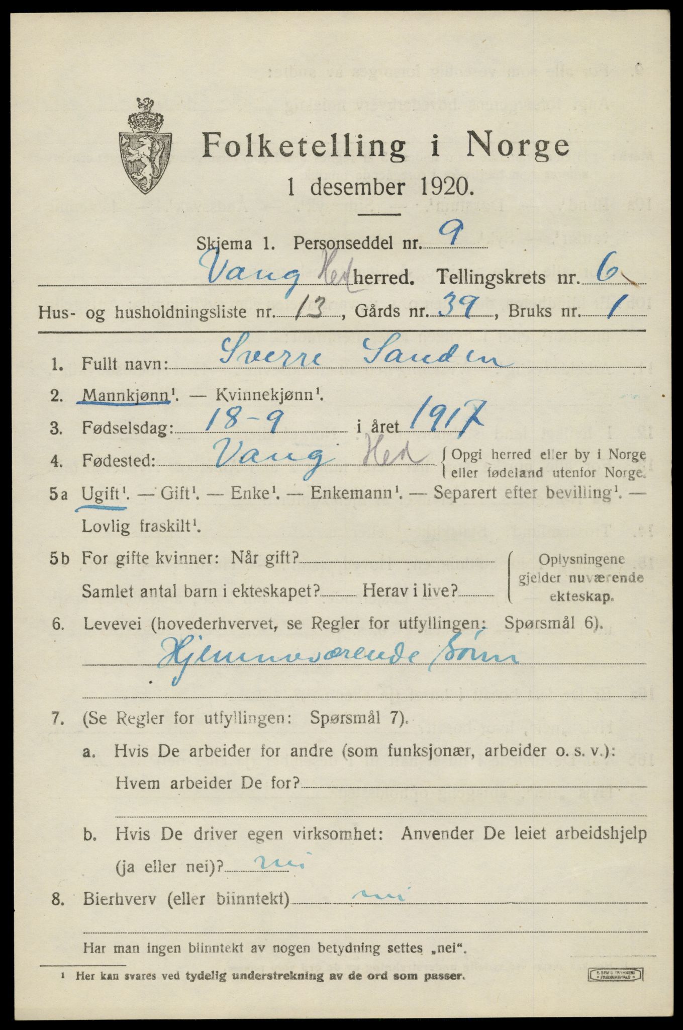 SAH, 1920 census for Vang (Hedmark), 1920, p. 15361