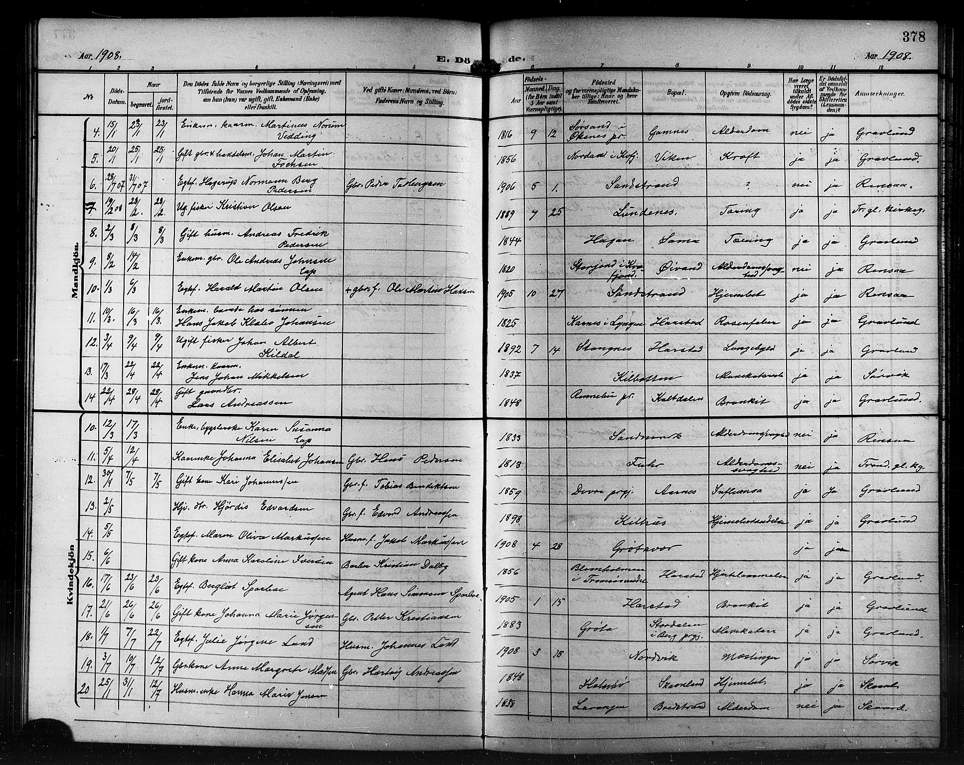 Trondenes sokneprestkontor, AV/SATØ-S-1319/H/Hb/L0012klokker: Parish register (copy) no. 12, 1907-1916, p. 378