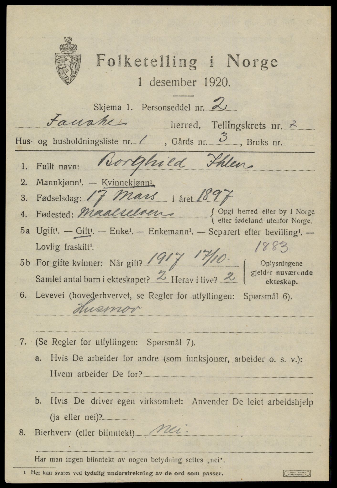 SAT, 1920 census for Fauske, 1920, p. 5710