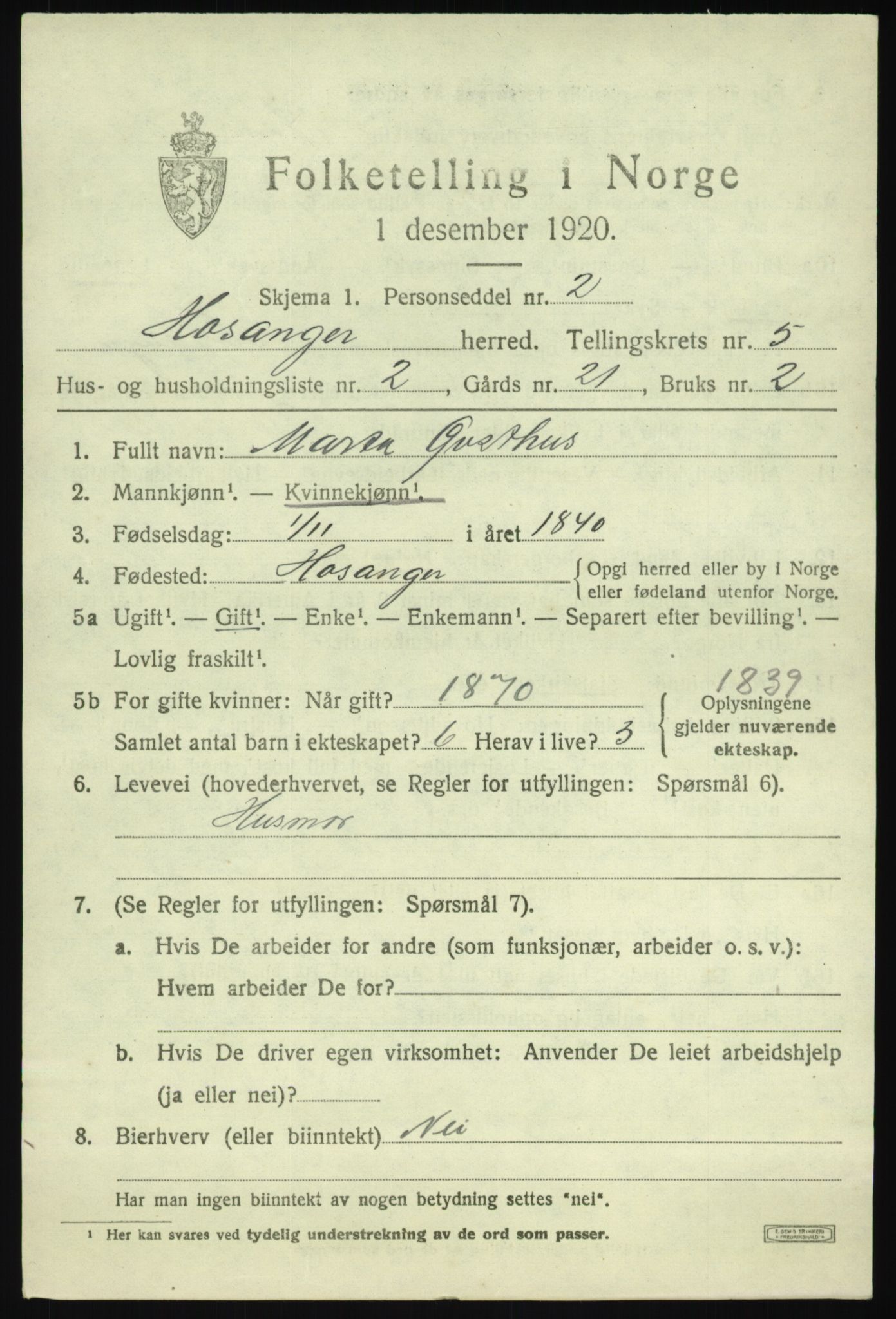 SAB, 1920 census for Hosanger, 1920, p. 2357