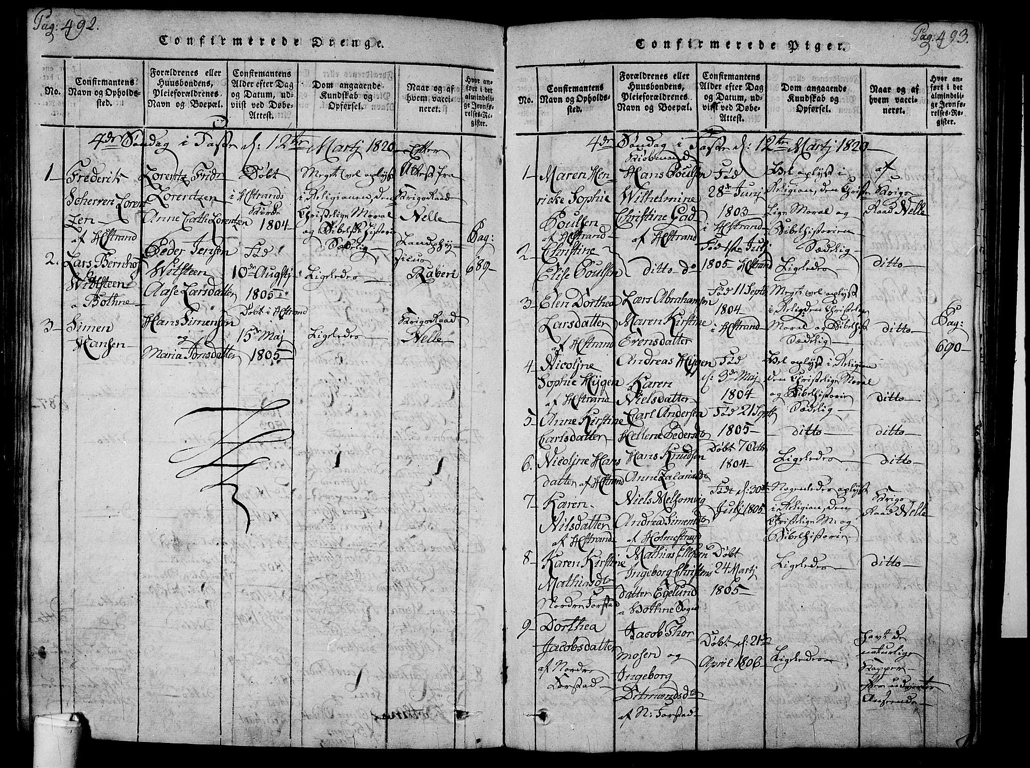 Holmestrand kirkebøker, SAKO/A-346/F/Fa/L0001: Parish register (official) no. 1, 1814-1840, p. 492-493