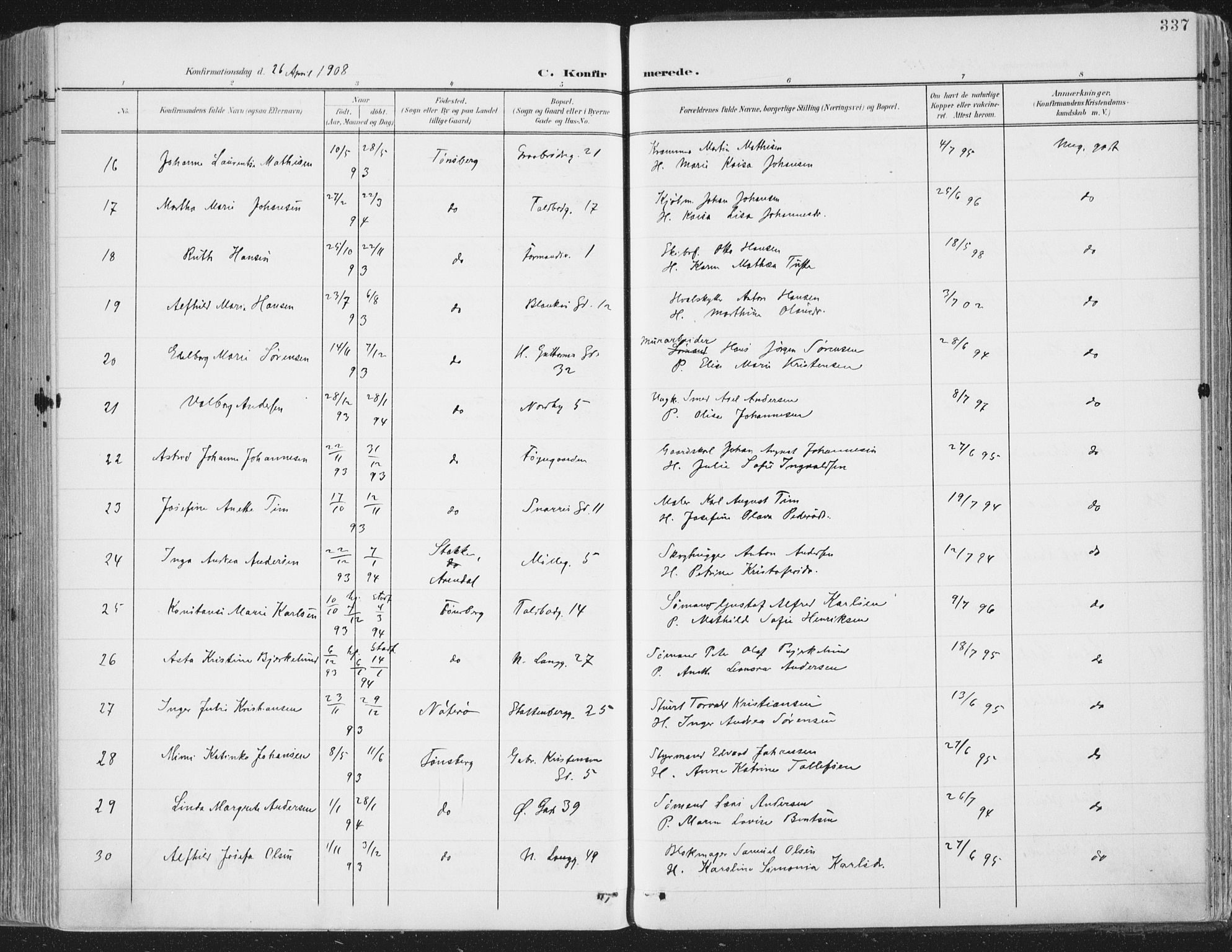 Tønsberg kirkebøker, SAKO/A-330/F/Fa/L0014: Parish register (official) no. I 14, 1900-1913, p. 337