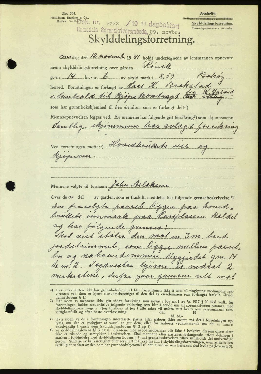 Romsdal sorenskriveri, AV/SAT-A-4149/1/2/2C: Mortgage book no. A11, 1941-1942, Diary no: : 2322/1941