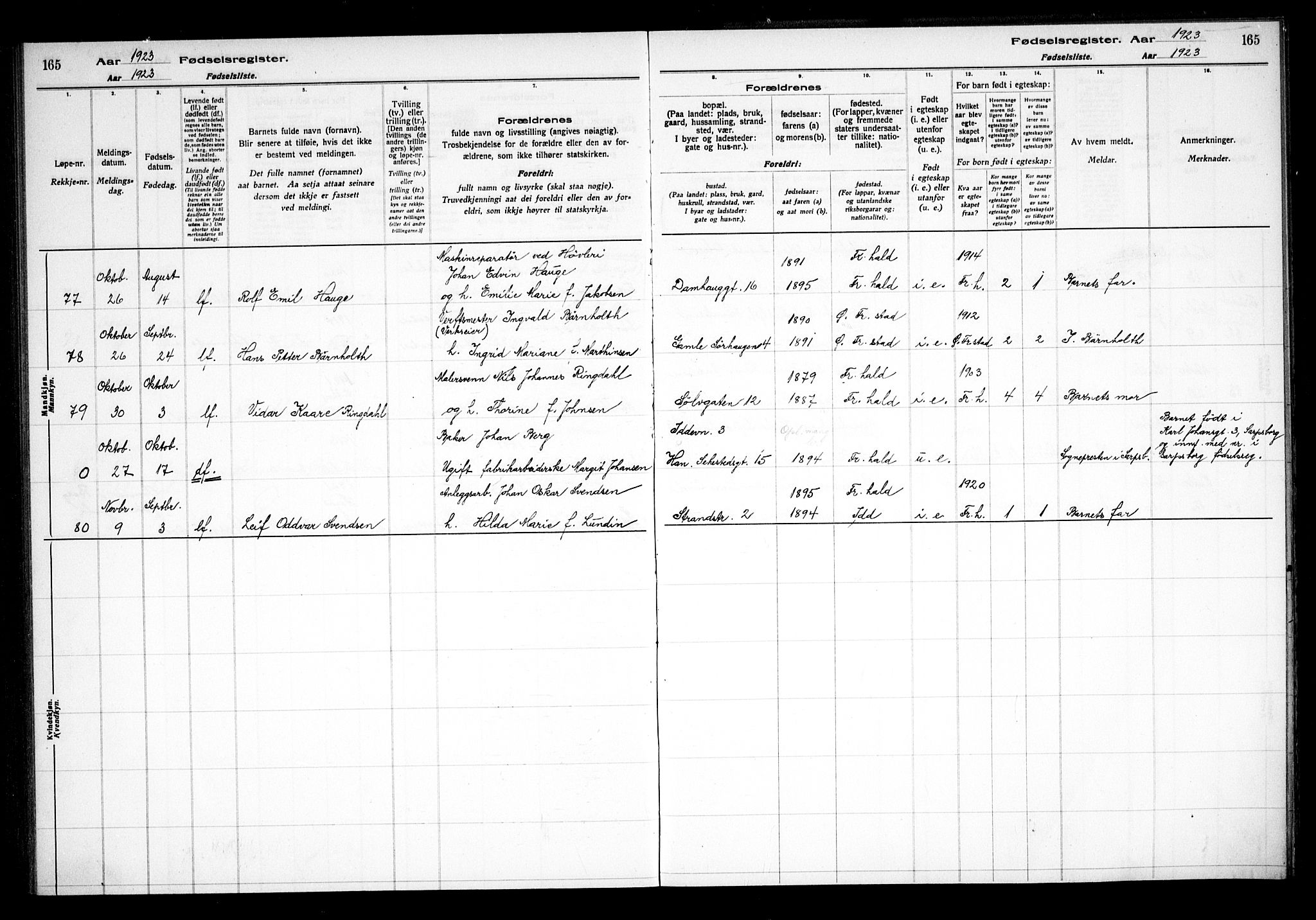 Halden prestekontor Kirkebøker, AV/SAO-A-10909/J/Ja/L0001: Birth register no. I 1, 1916-1925, p. 165