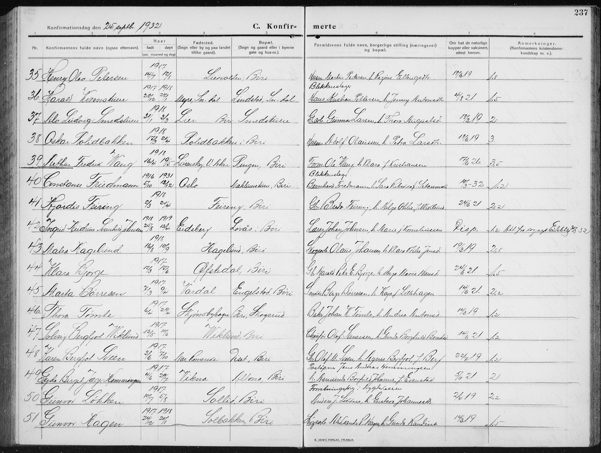 Biri prestekontor, AV/SAH-PREST-096/H/Ha/Hab/L0006: Parish register (copy) no. 6, 1909-1938, p. 237