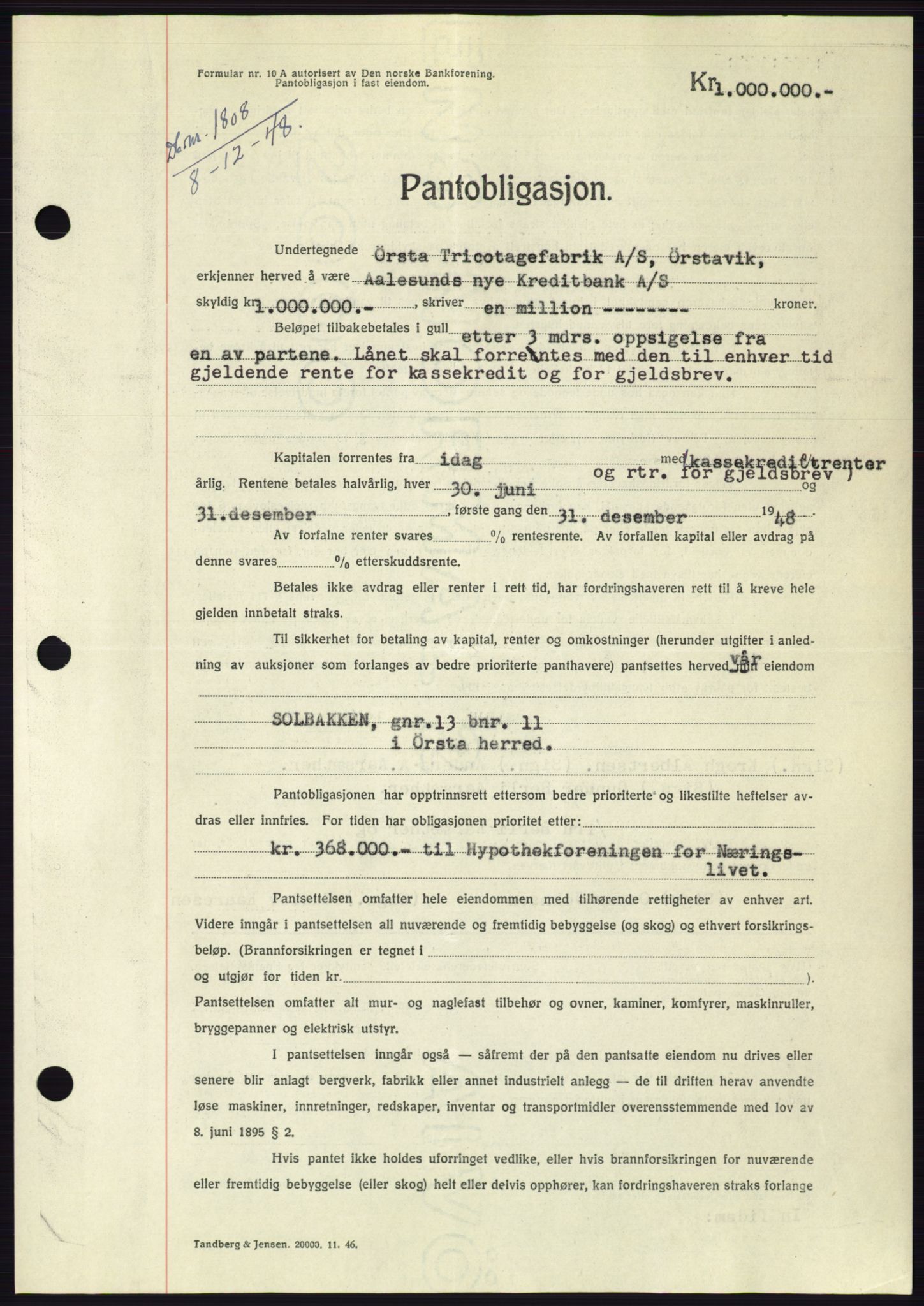 Søre Sunnmøre sorenskriveri, AV/SAT-A-4122/1/2/2C/L0116: Mortgage book no. 4B, 1948-1949, Diary no: : 1808/1948