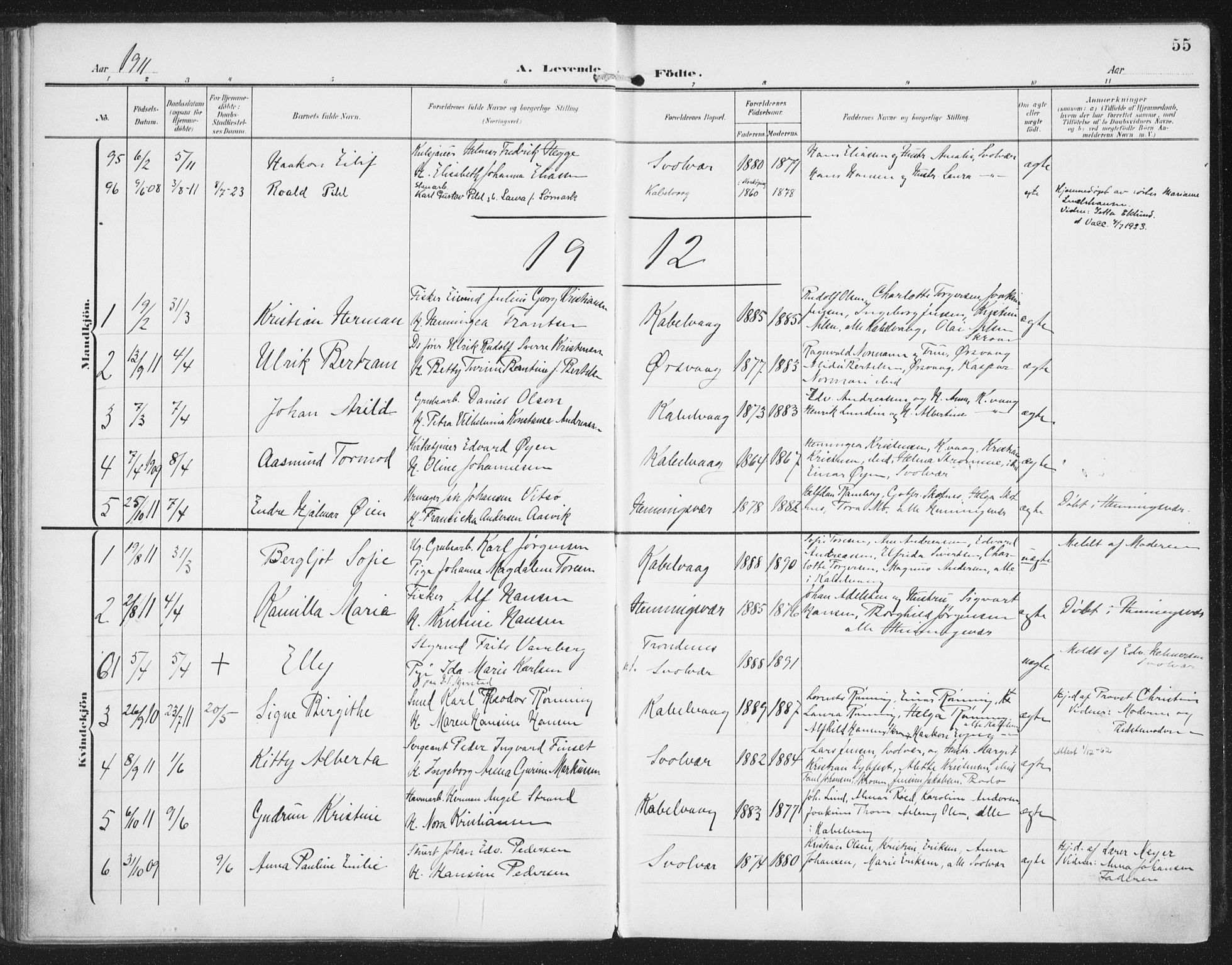 Ministerialprotokoller, klokkerbøker og fødselsregistre - Nordland, AV/SAT-A-1459/874/L1063: Parish register (official) no. 874A07, 1907-1915, p. 55