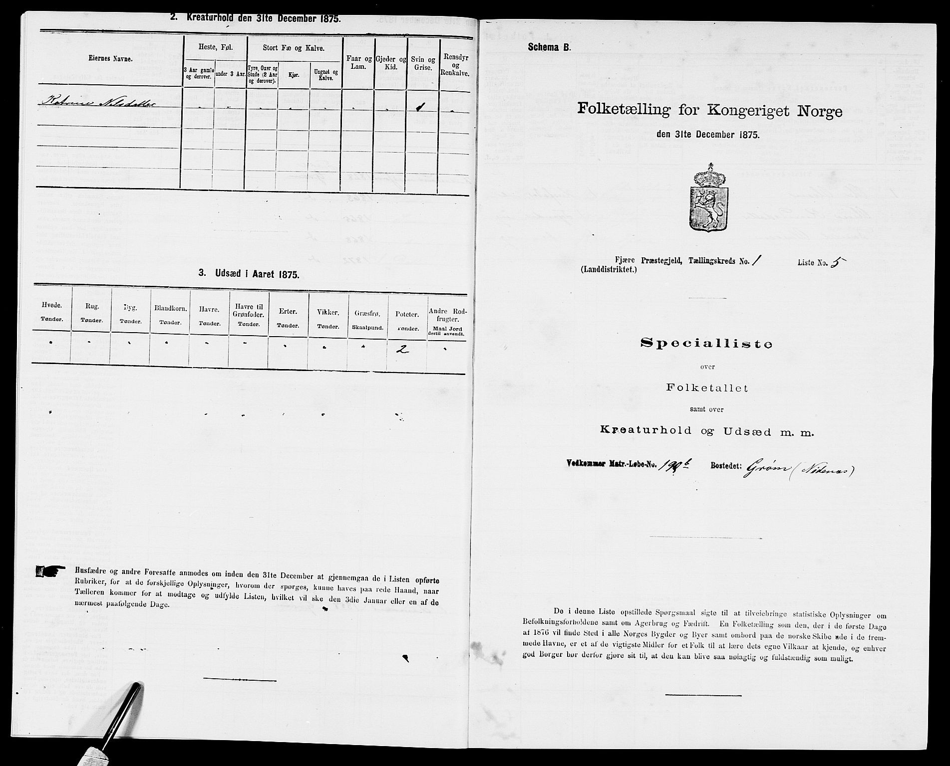 SAK, 1875 census for 0923L Fjære/Fjære, 1875, p. 77