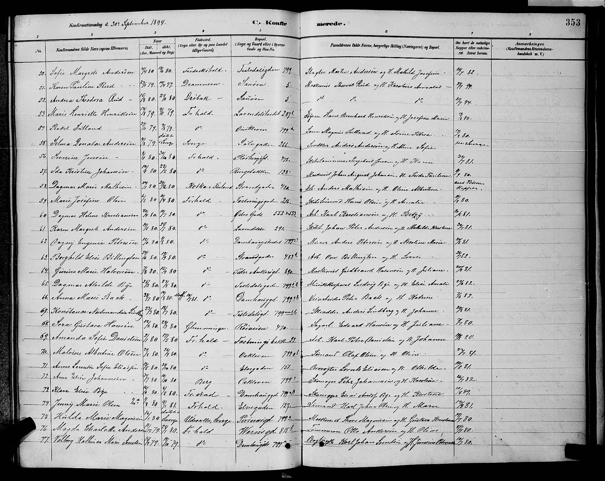 Halden prestekontor Kirkebøker, AV/SAO-A-10909/G/Ga/L0008: Parish register (copy) no. 8, 1885-1899, p. 353