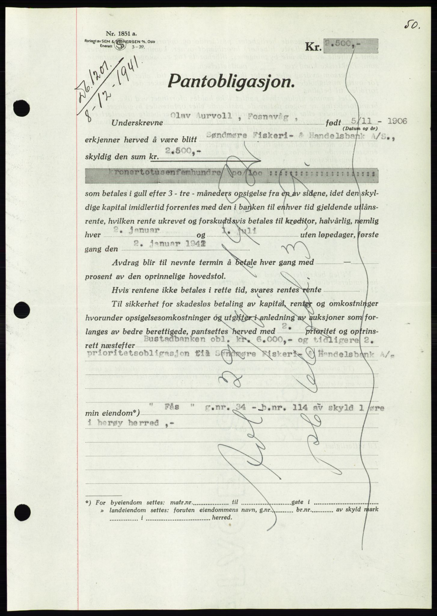 Søre Sunnmøre sorenskriveri, AV/SAT-A-4122/1/2/2C/L0073: Mortgage book no. 67, 1941-1942, Diary no: : 1201/1941