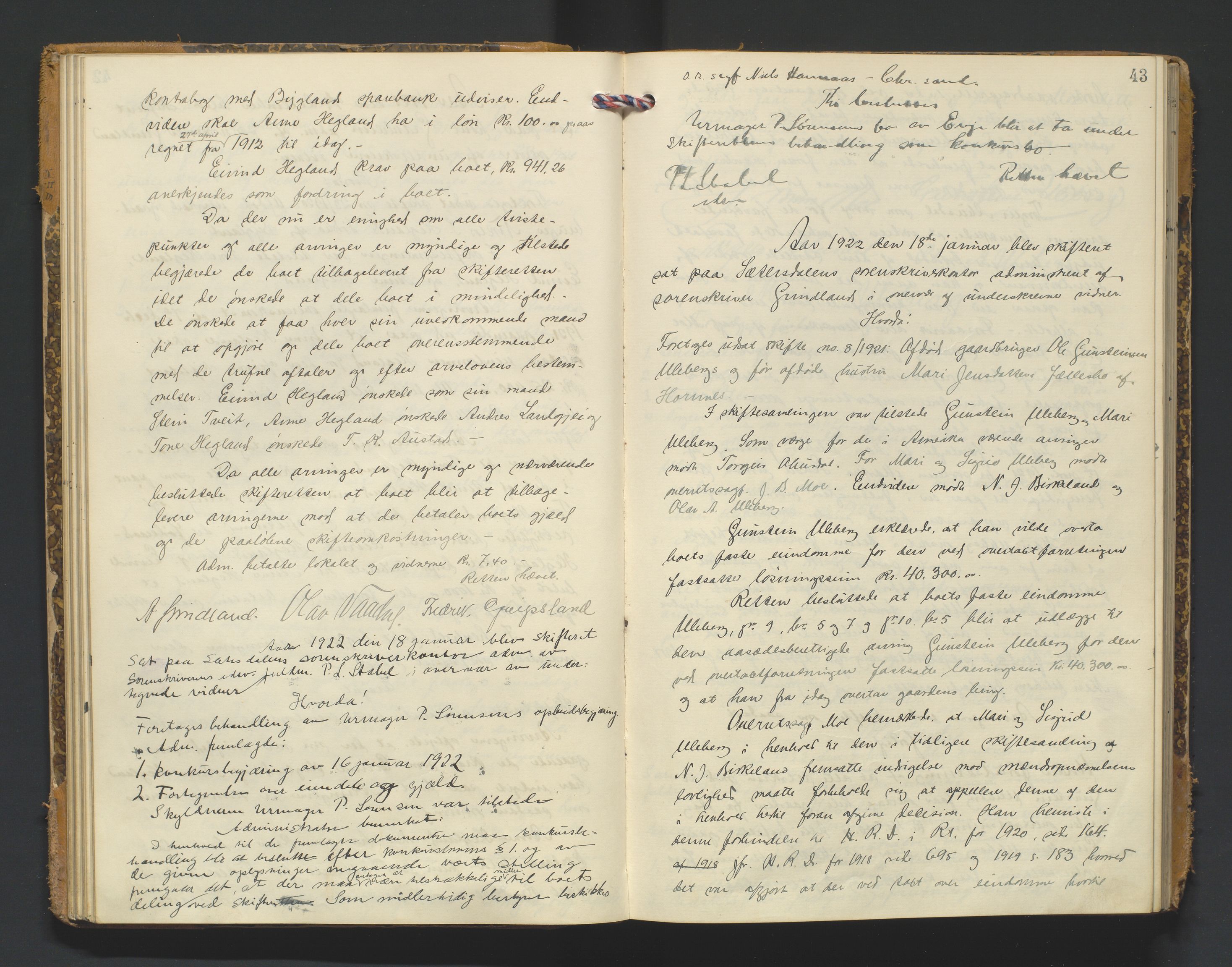 Setesdal sorenskriveri, AV/SAK-1221-0011/H/Hc/L0040: Skifteforhandlingsprotokoll nr 12, 1920-1927, p. 43