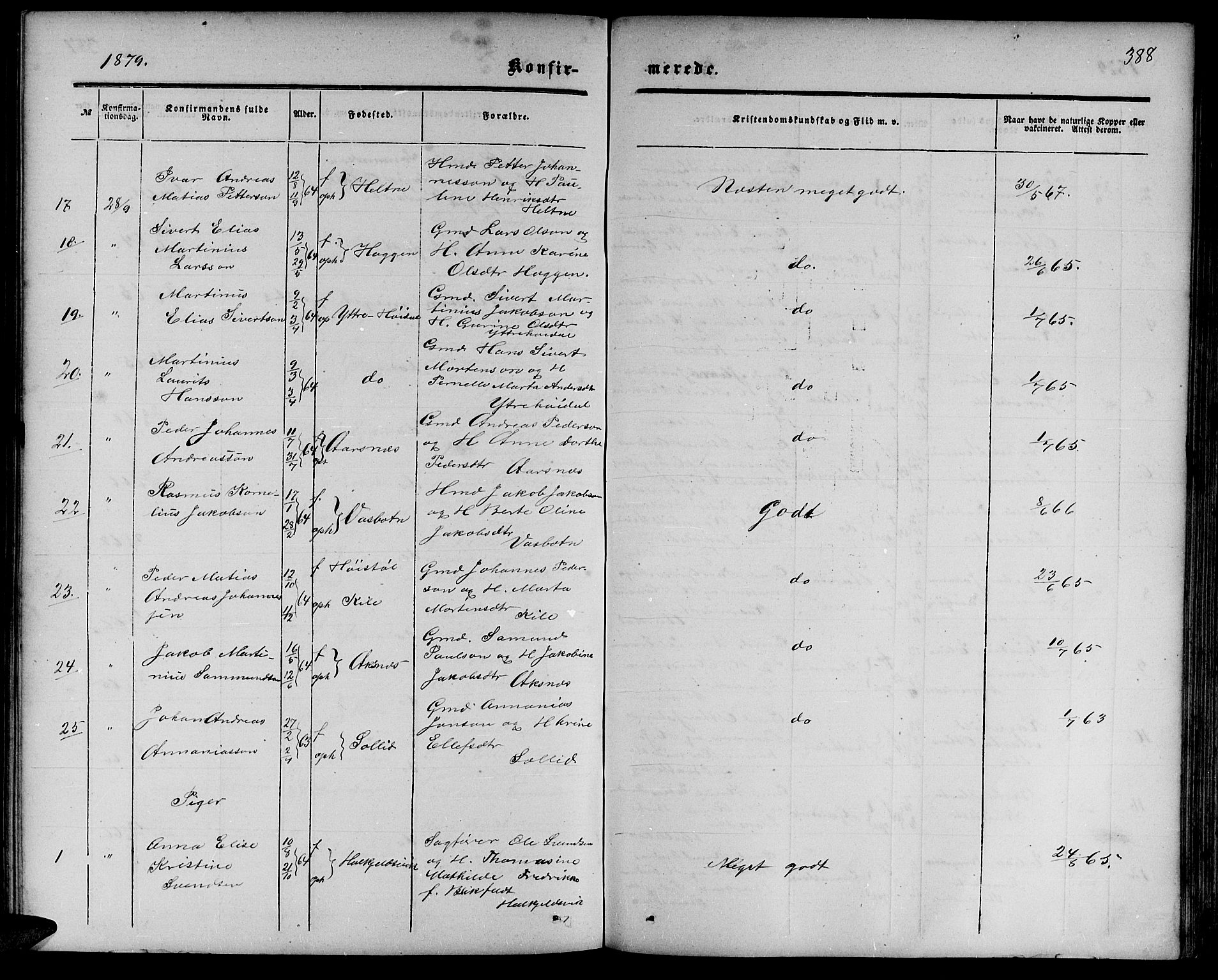 Ministerialprotokoller, klokkerbøker og fødselsregistre - Møre og Romsdal, SAT/A-1454/511/L0157: Parish register (copy) no. 511C03, 1864-1884, p. 388