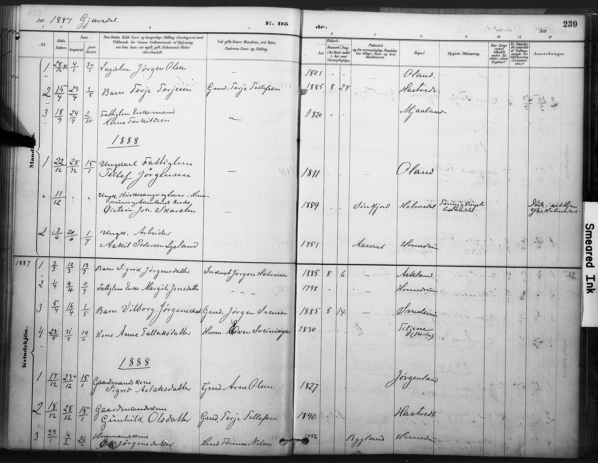Åmli sokneprestkontor, SAK/1111-0050/F/Fa/Fac/L0010: Parish register (official) no. A 10 /2, 1885-1899, p. 239