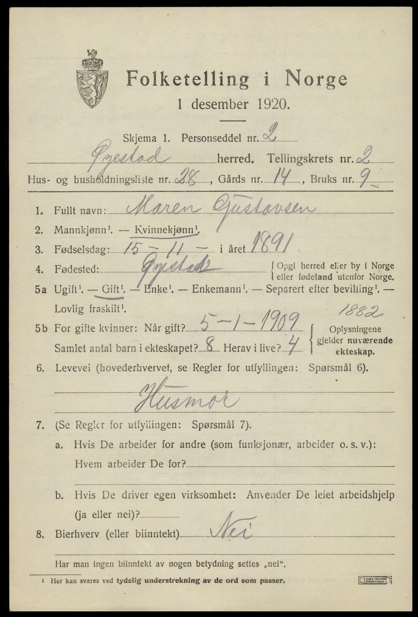 SAK, 1920 census for Øyestad, 1920, p. 2620