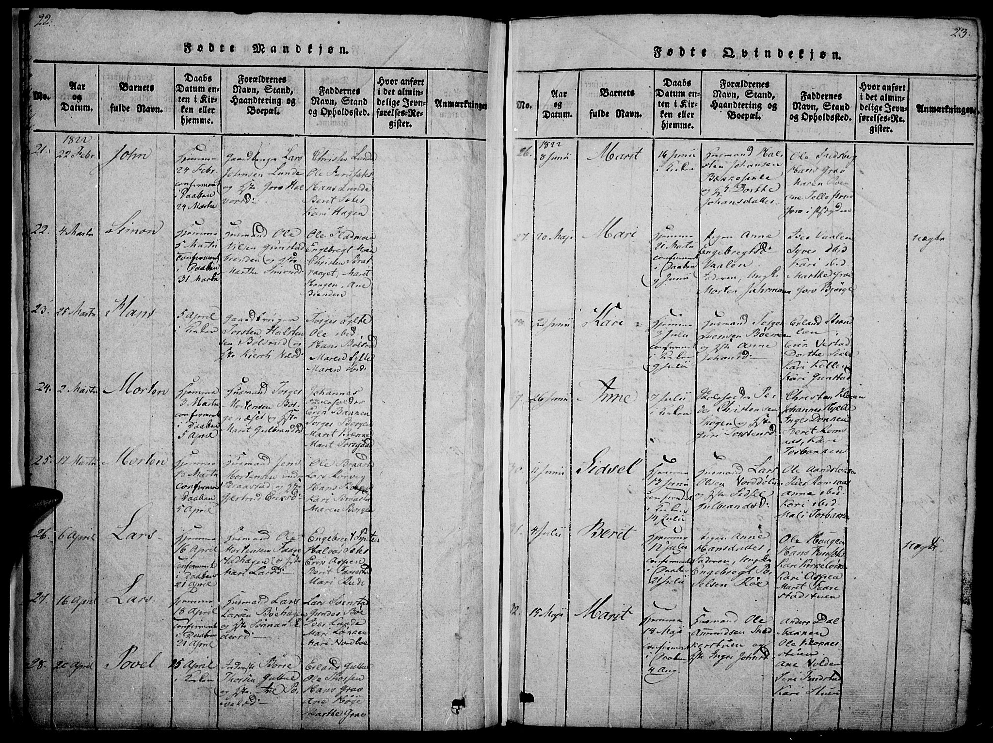 Ringebu prestekontor, AV/SAH-PREST-082/H/Ha/Haa/L0004: Parish register (official) no. 4, 1821-1839, p. 22-23