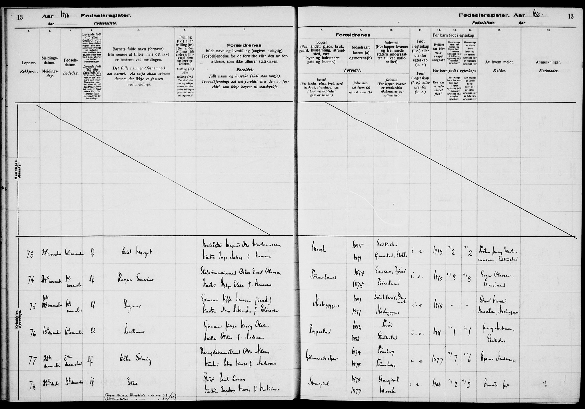 Nøtterøy kirkebøker, AV/SAKO-A-354/J/Ja/L0001: Birth register no. 1, 1916-1928, p. 13