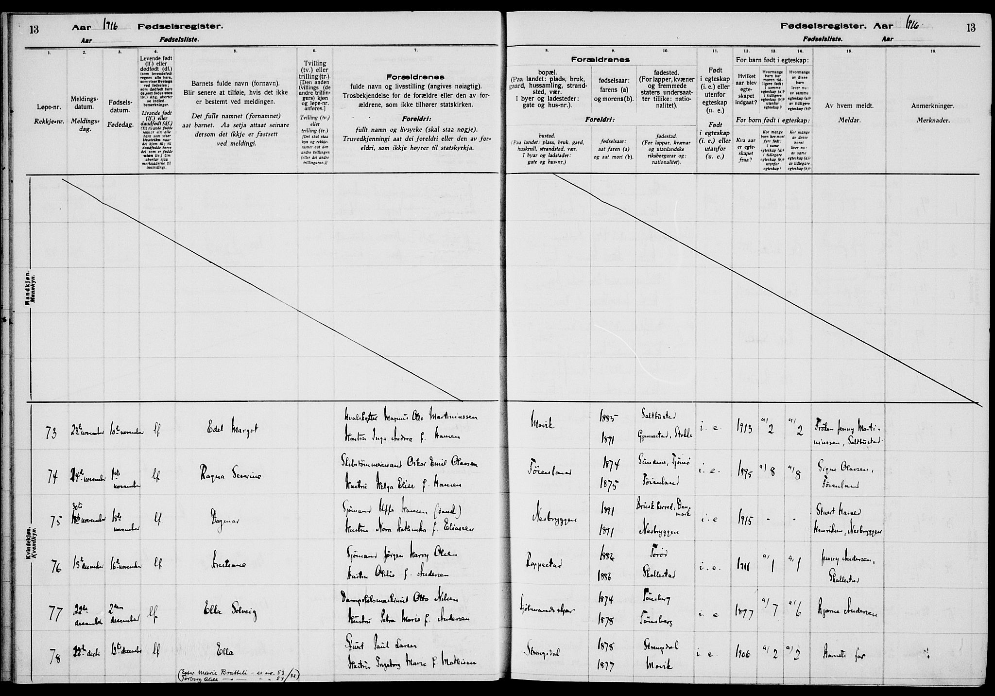 Nøtterøy kirkebøker, AV/SAKO-A-354/J/Ja/L0001: Birth register no. 1, 1916-1928, p. 13