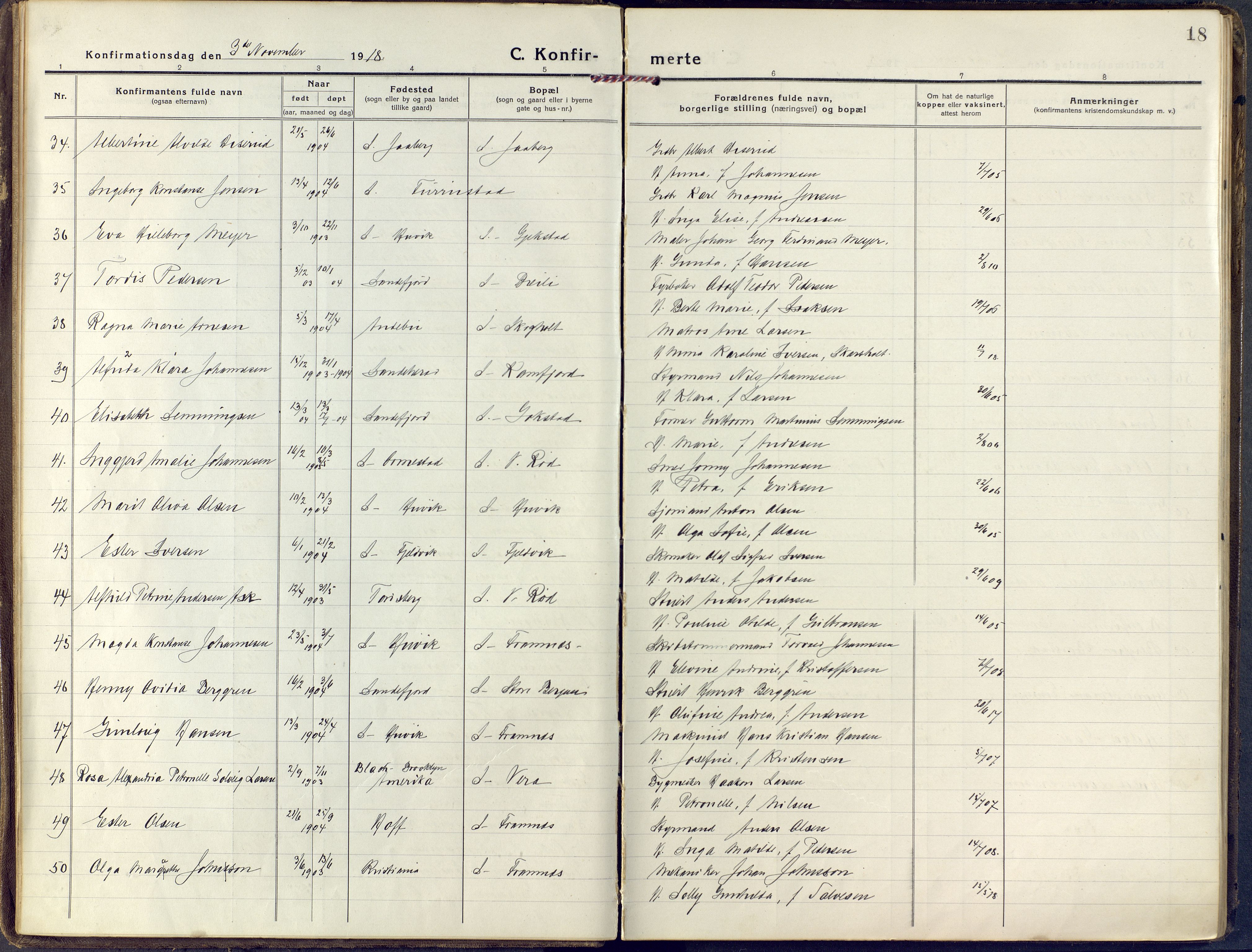 Sandar kirkebøker, AV/SAKO-A-243/F/Fa/L0018: Parish register (official) no. 18, 1917-1926, p. 18