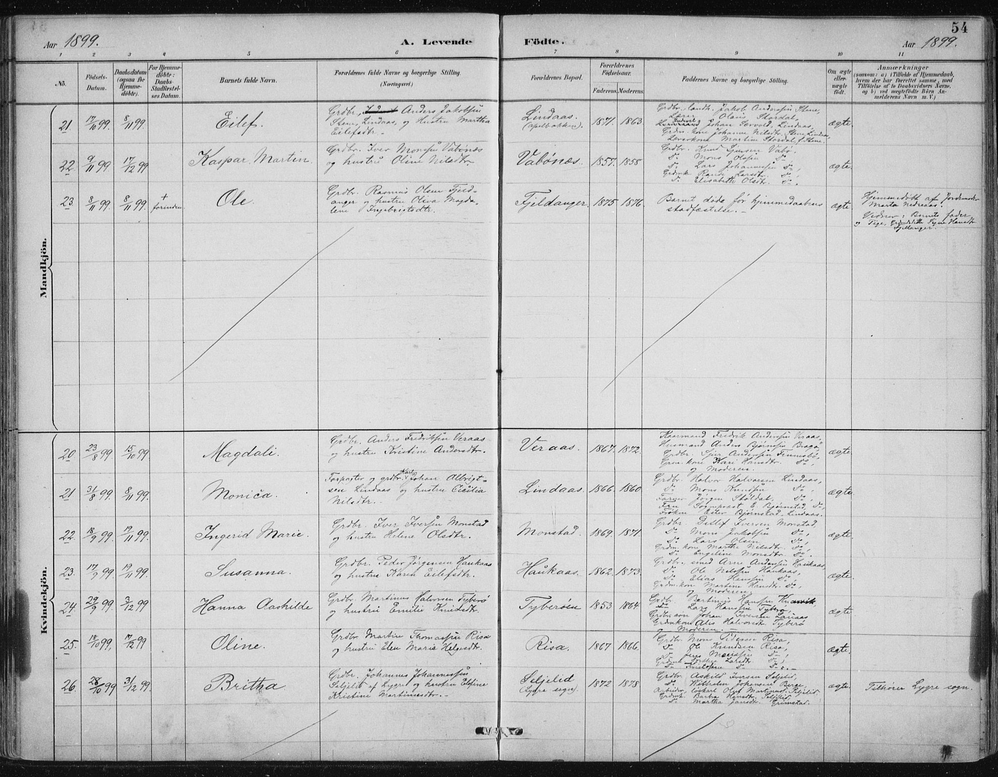 Lindås Sokneprestembete, SAB/A-76701/H/Hab: Parish register (copy) no. B 3, 1886-1914, p. 54