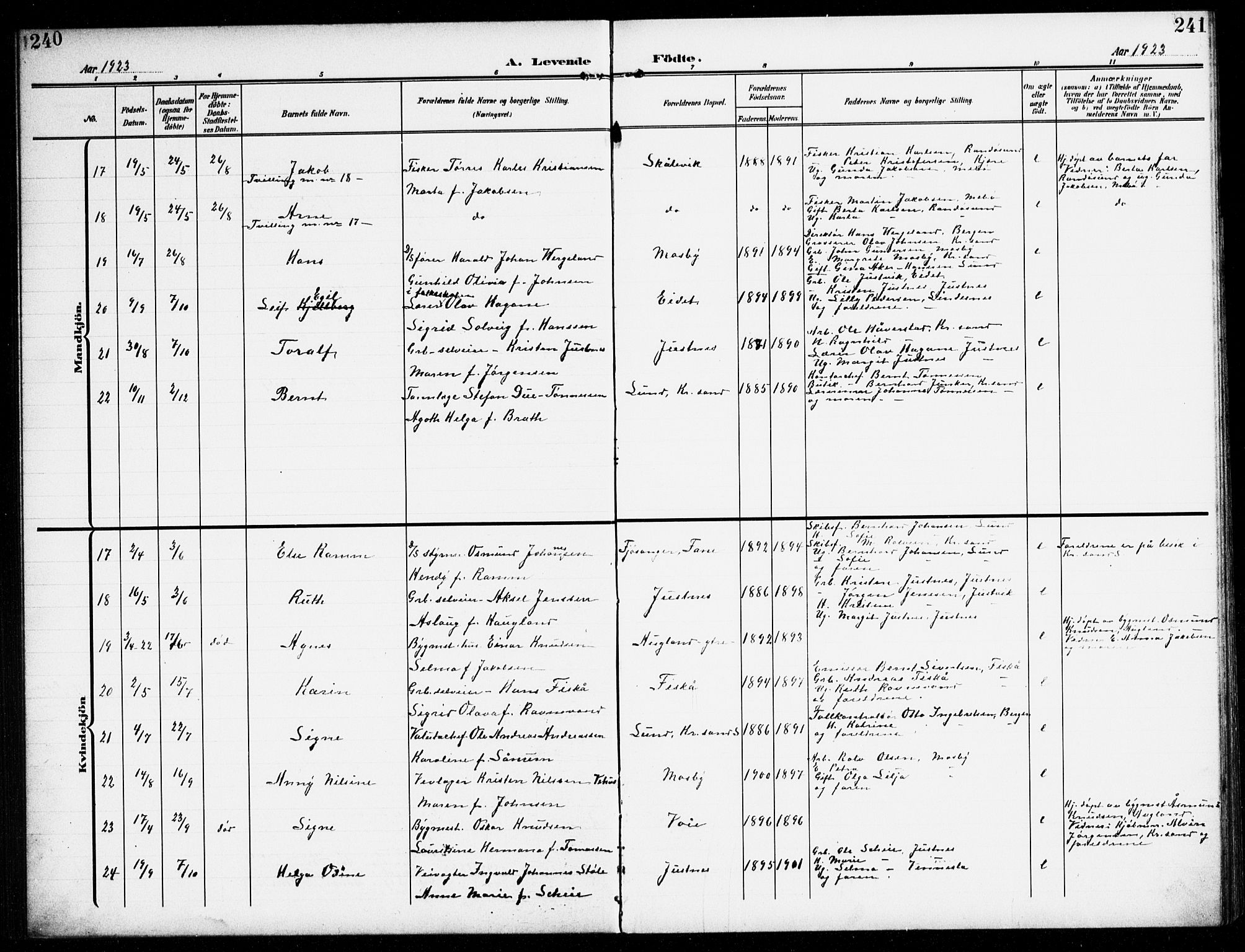 Oddernes sokneprestkontor, SAK/1111-0033/F/Fb/Fba/L0010: Parish register (copy) no. B 10, 1907-1941, p. 240-241