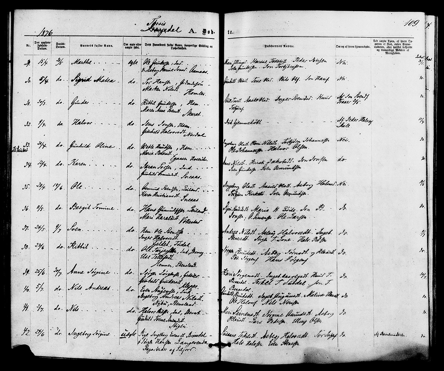 Drangedal kirkebøker, AV/SAKO-A-258/F/Fa/L0009: Parish register (official) no. 9 /2, 1872-1884, p. 109