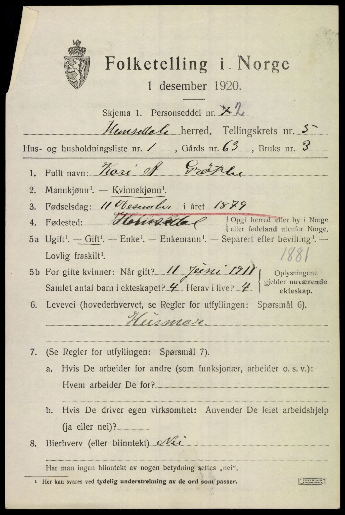 SAKO, 1920 census for Hemsedal, 1920, p. 1742