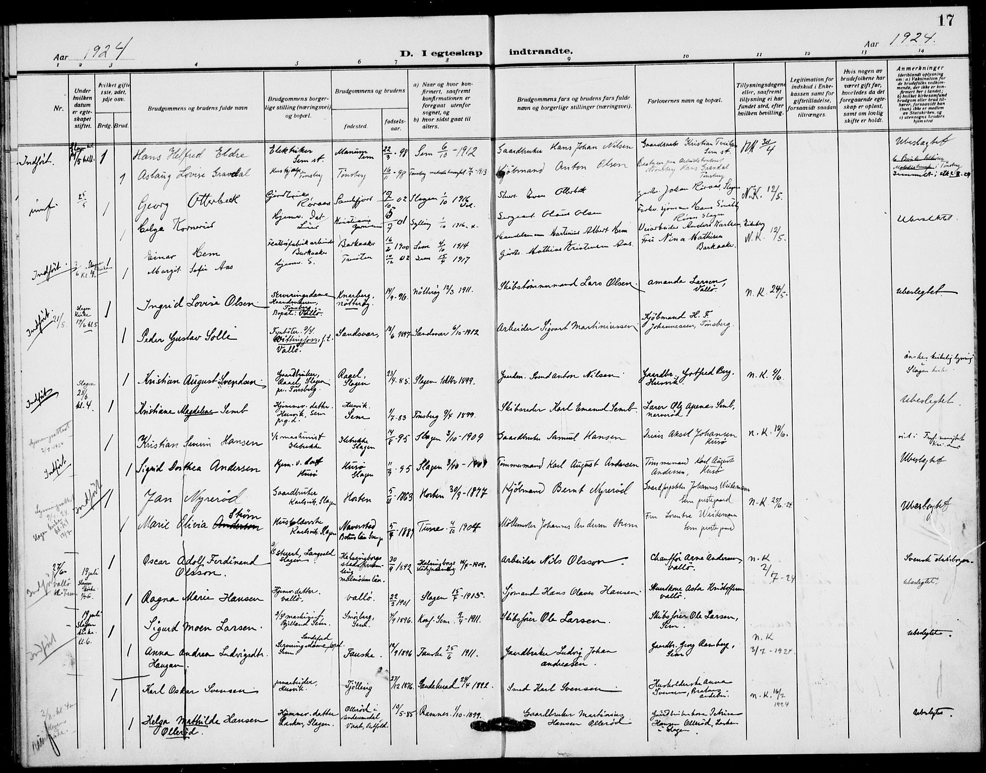 Sem kirkebøker, AV/SAKO-A-5/H/Ha/L0003: Banns register no. 3, 1919-1925, p. 17