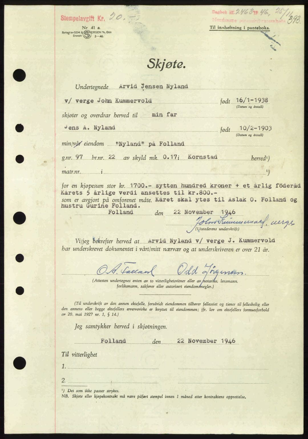 Nordmøre sorenskriveri, AV/SAT-A-4132/1/2/2Ca: Mortgage book no. A103, 1946-1947, Diary no: : 2463/1946