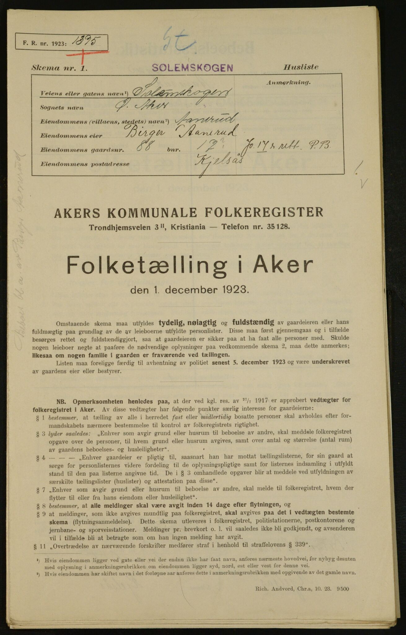 , Municipal Census 1923 for Aker, 1923, p. 31101