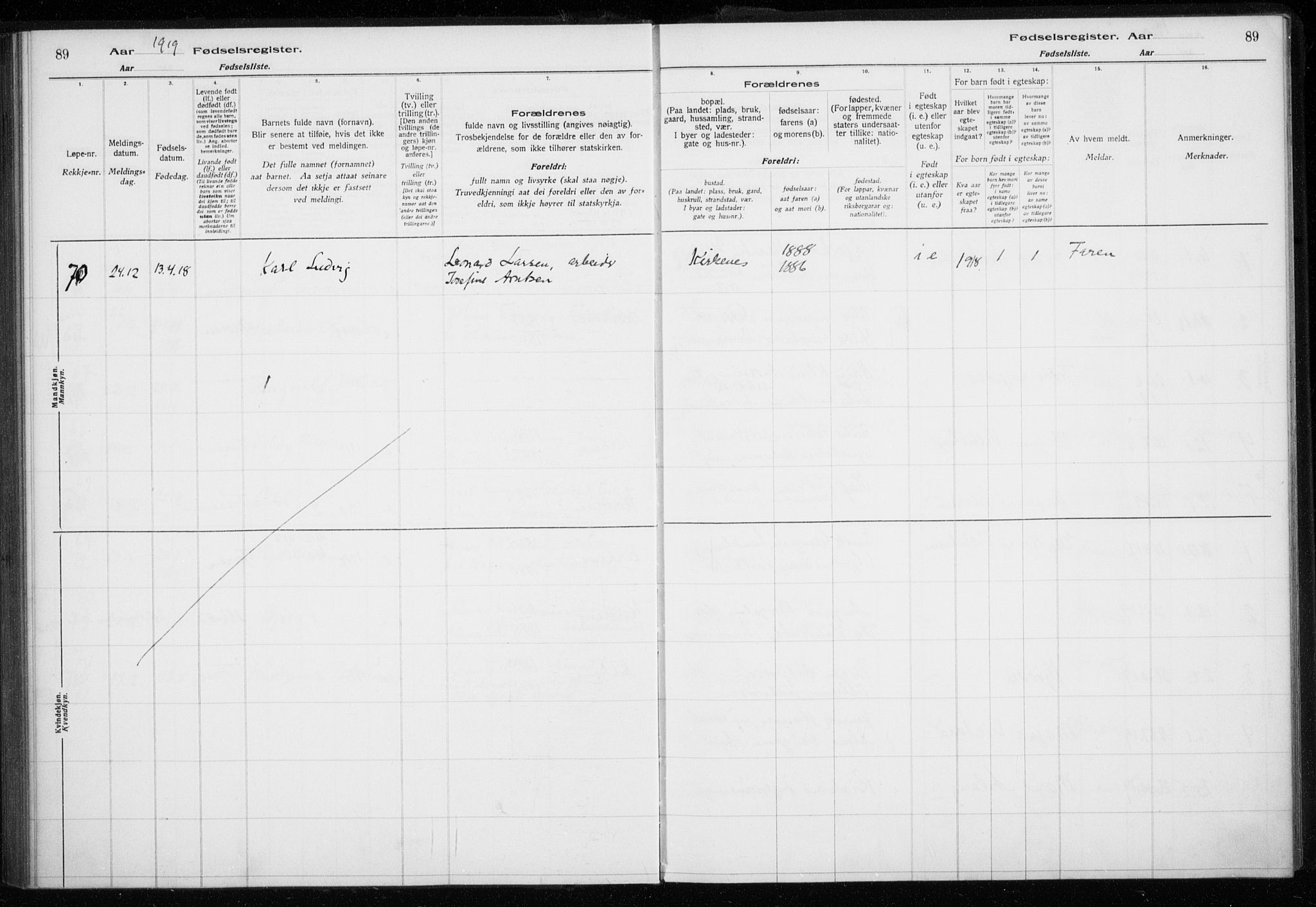 Sør-Varanger sokneprestkontor, AV/SATØ-S-1331/I/Ia/L0016: Birth register no. 16, 1915-1925, p. 89