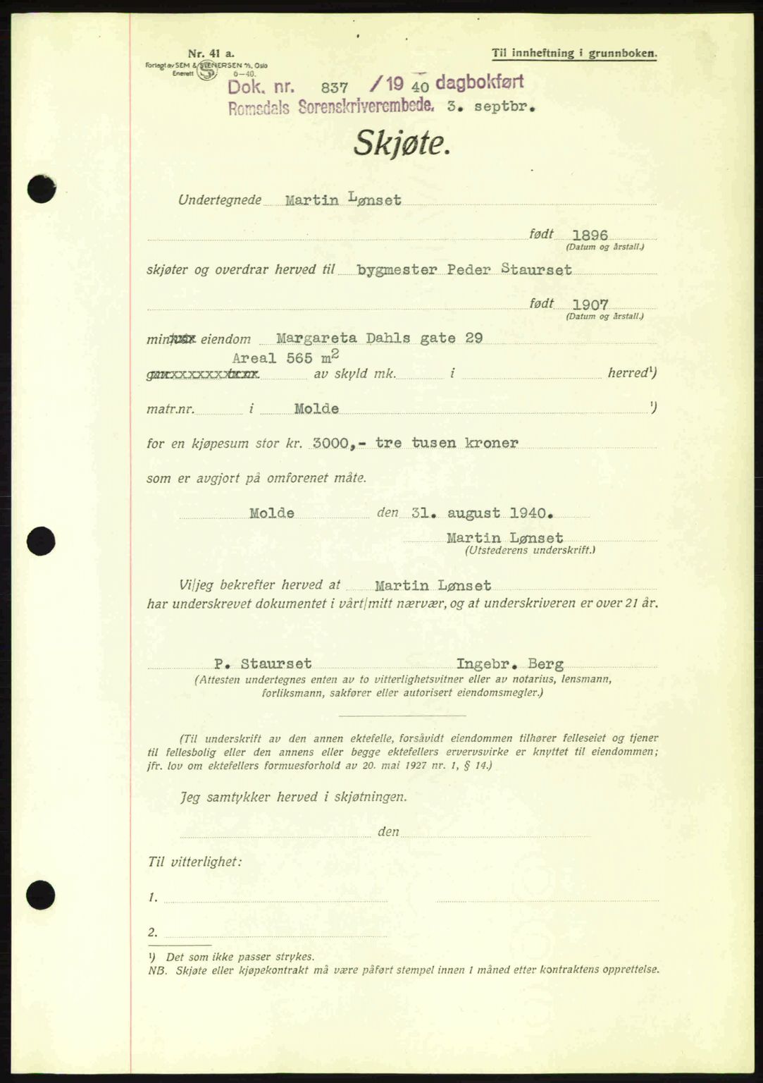 Romsdal sorenskriveri, AV/SAT-A-4149/1/2/2C: Mortgage book no. A8, 1939-1940, Diary no: : 837/1940