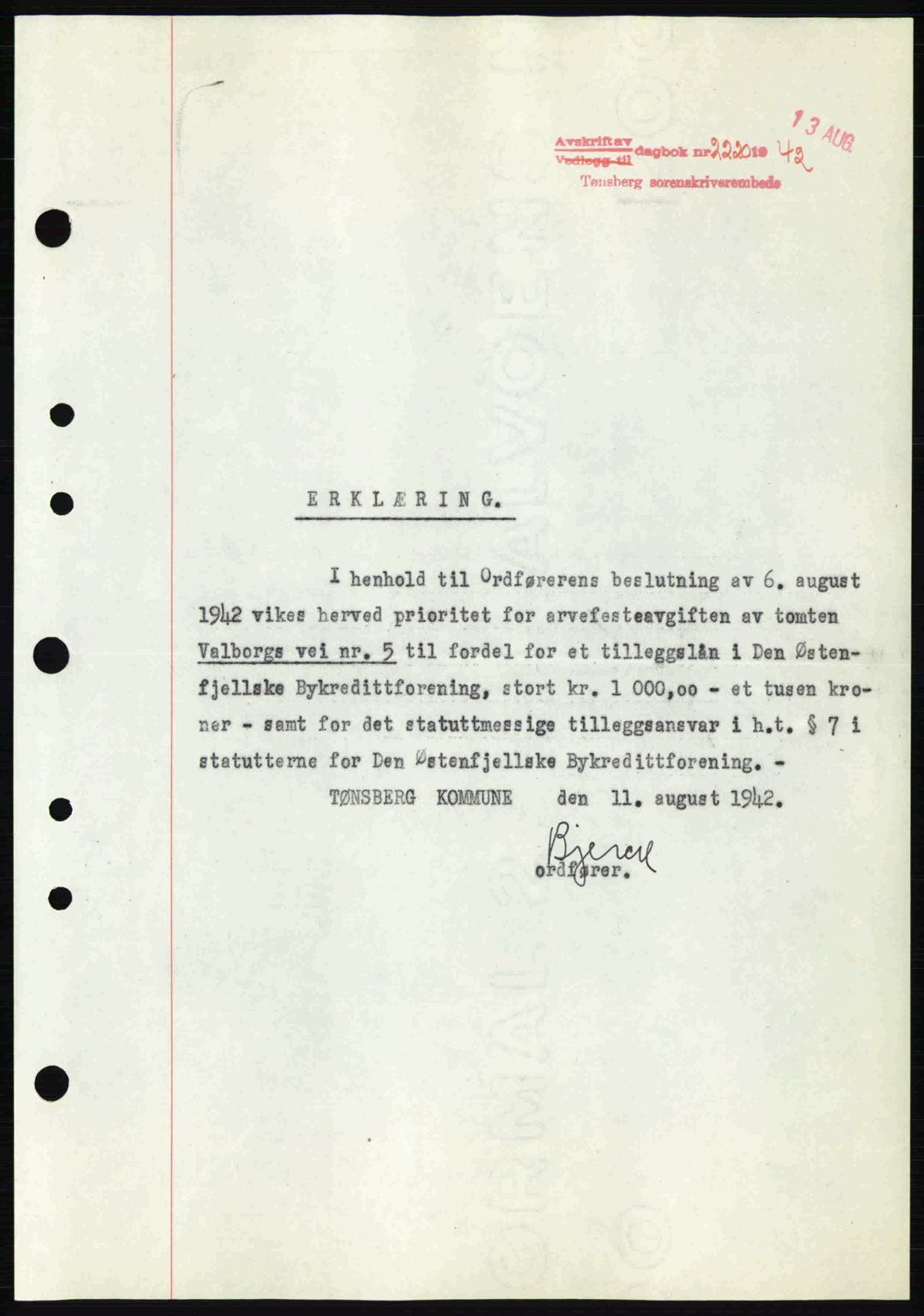 Tønsberg sorenskriveri, AV/SAKO-A-130/G/Ga/Gaa/L0012: Mortgage book no. A12, 1942-1943, Diary no: : 2220/1942