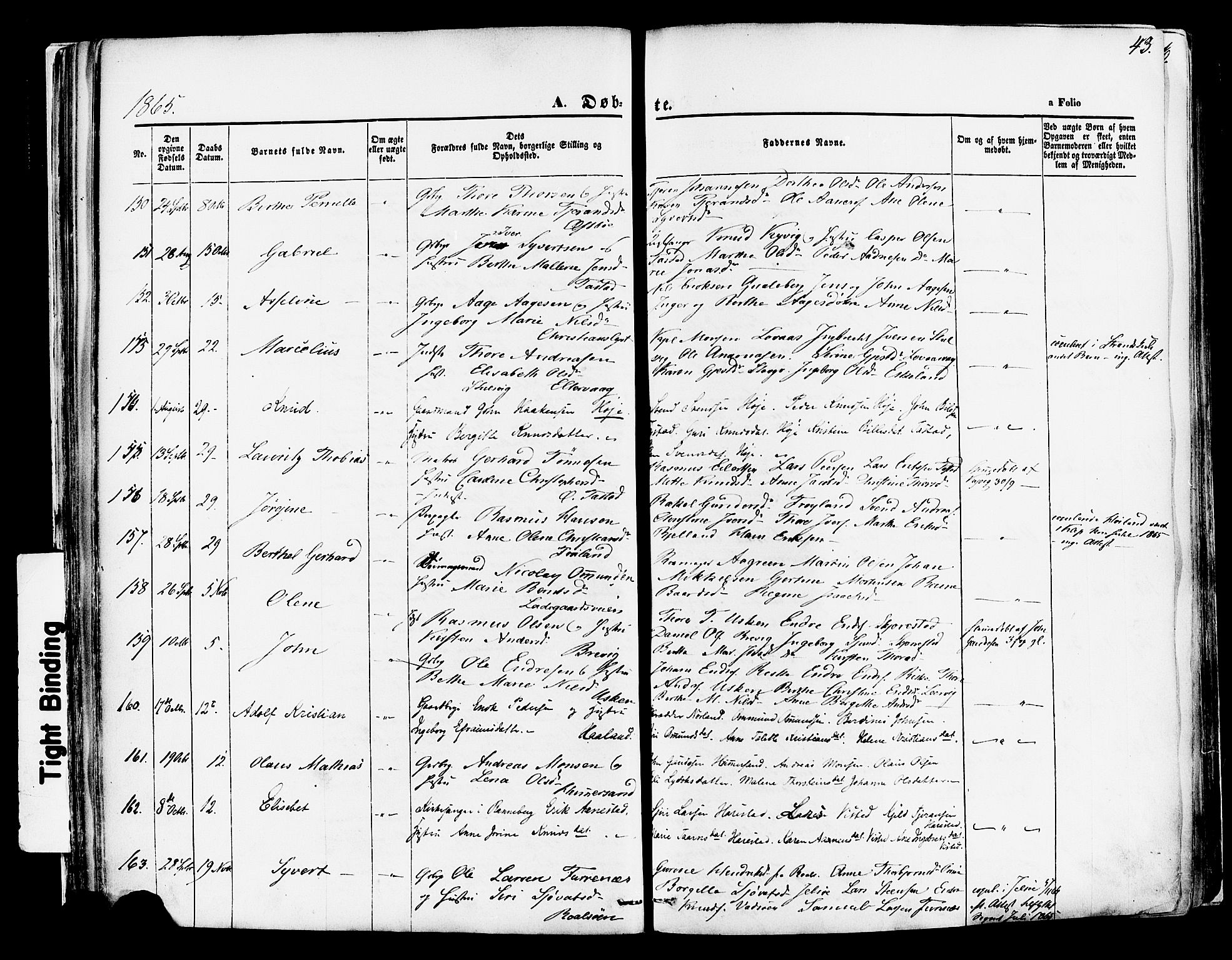 Hetland sokneprestkontor, AV/SAST-A-101826/30/30BA/L0003: Parish register (official) no. A 3, 1862-1876, p. 43