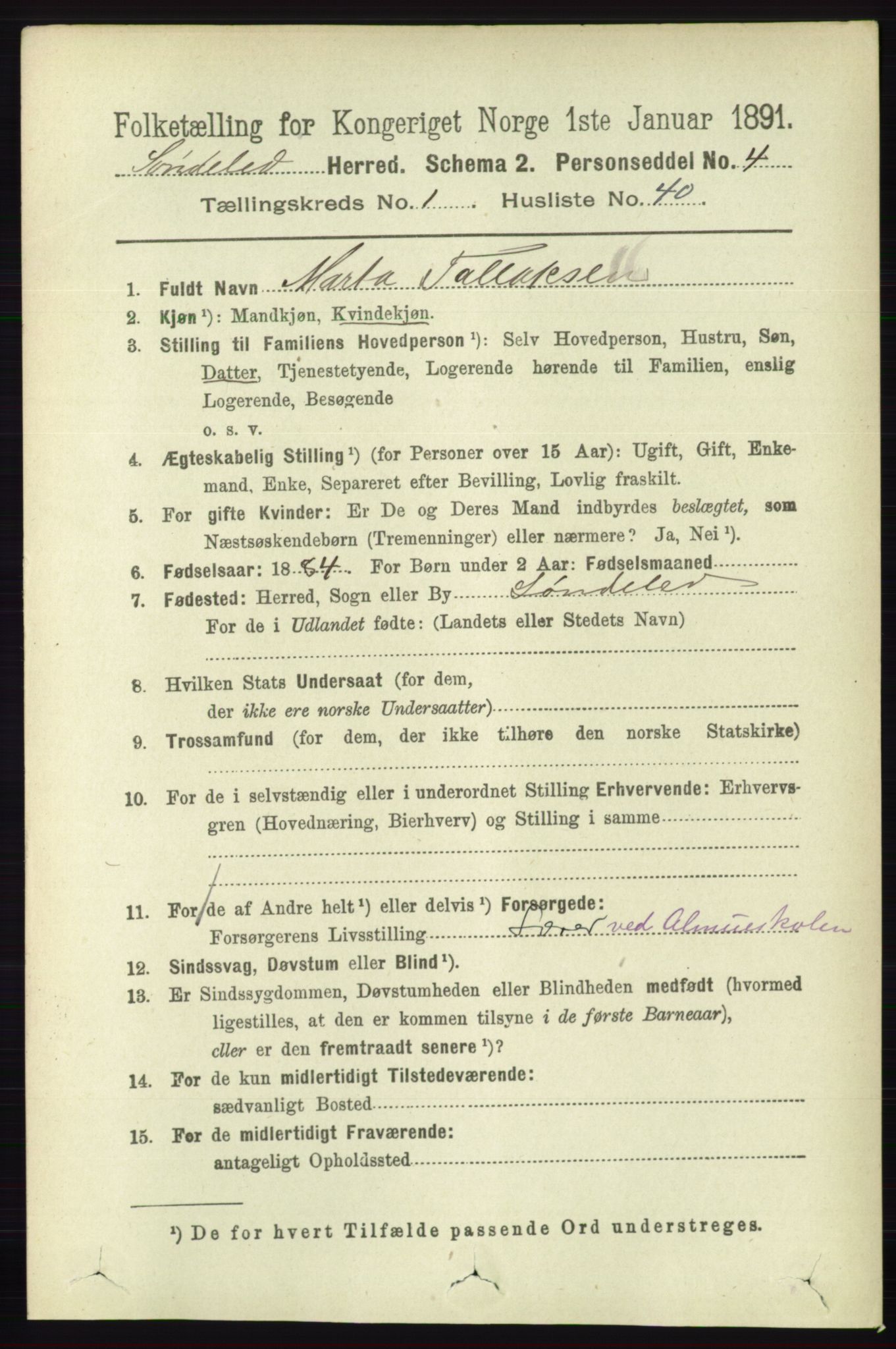 RA, 1891 census for 0913 Søndeled, 1891, p. 345