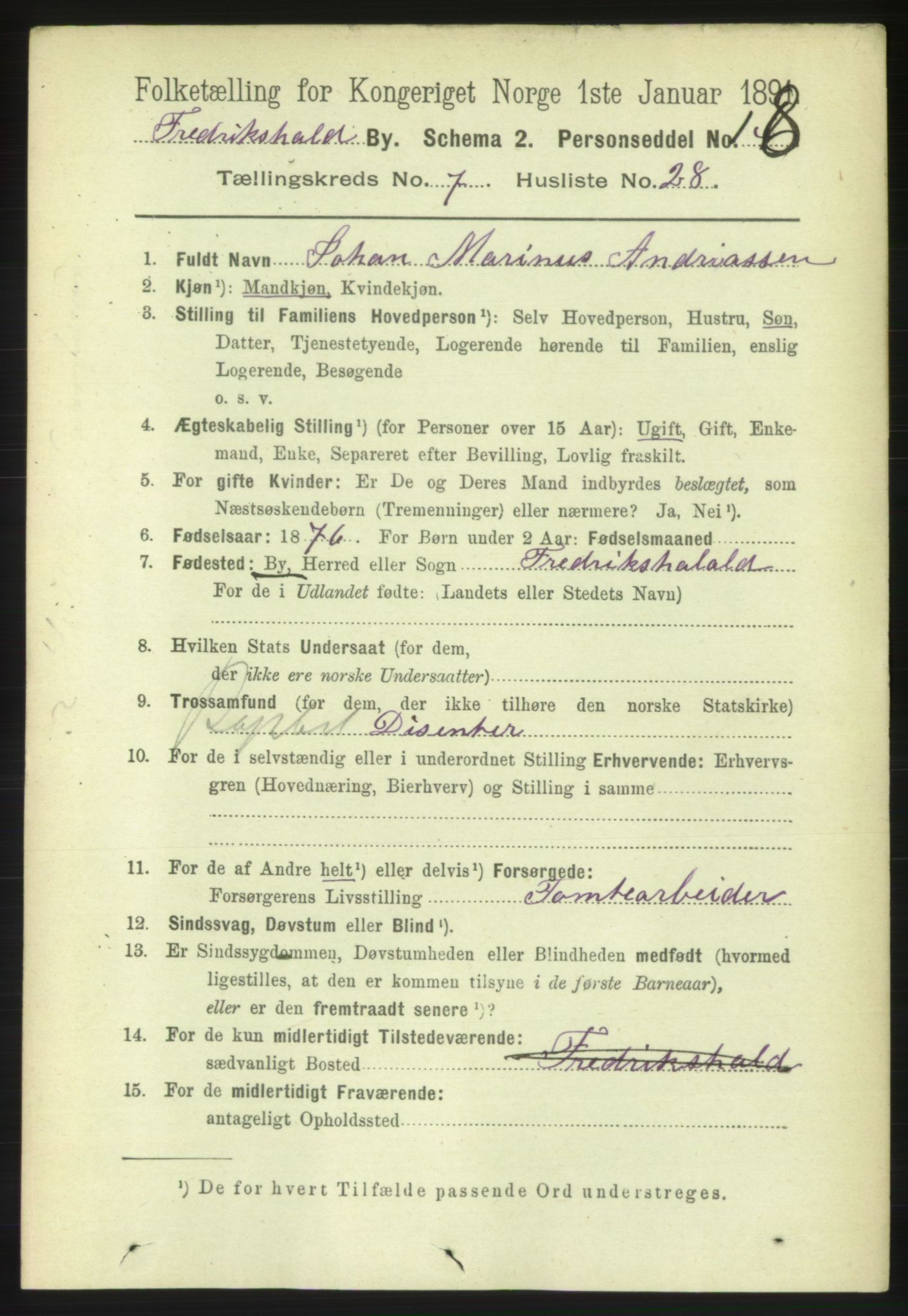 RA, 1891 census for 0101 Fredrikshald, 1891, p. 5398