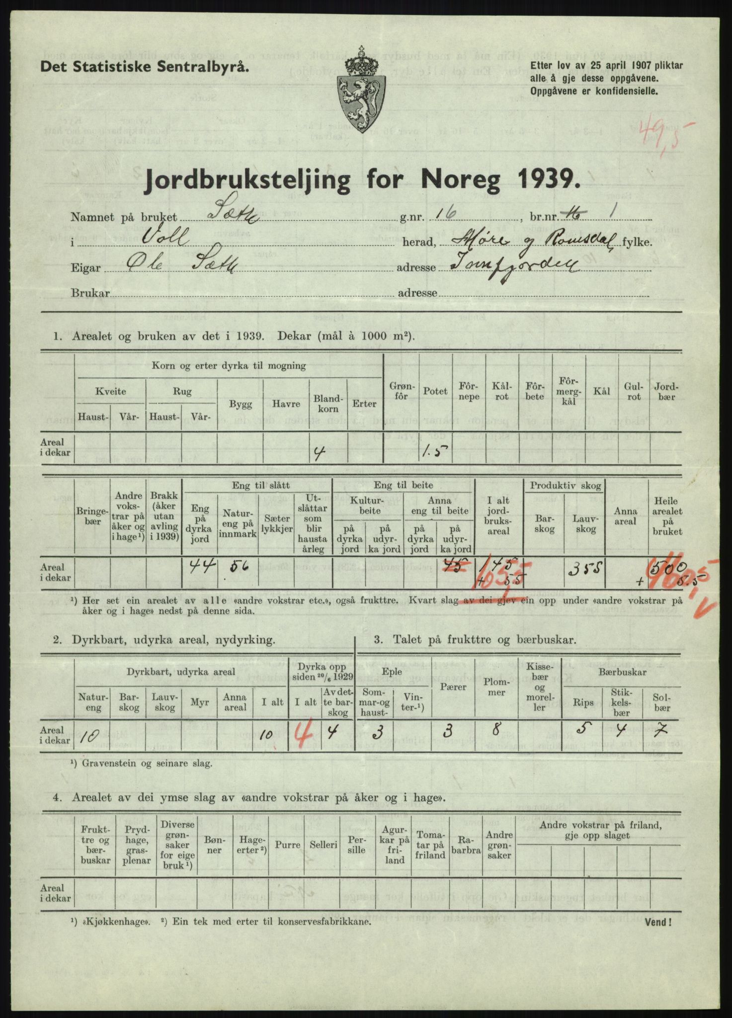 Statistisk sentralbyrå, Næringsøkonomiske emner, Jordbruk, skogbruk, jakt, fiske og fangst, AV/RA-S-2234/G/Gb/L0251: Møre og Romsdal: Voll, Eid, Grytten og Hen, 1939, p. 331