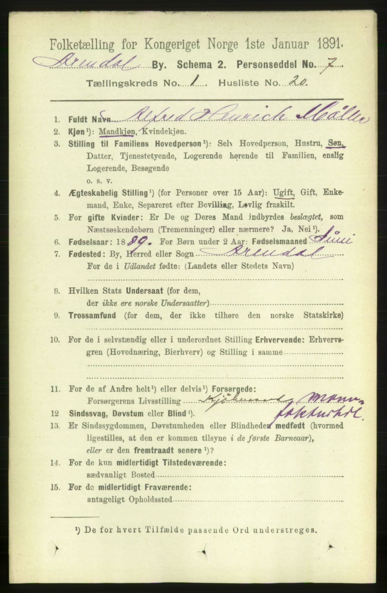 RA, 1891 census for 0903 Arendal, 1891, p. 1205